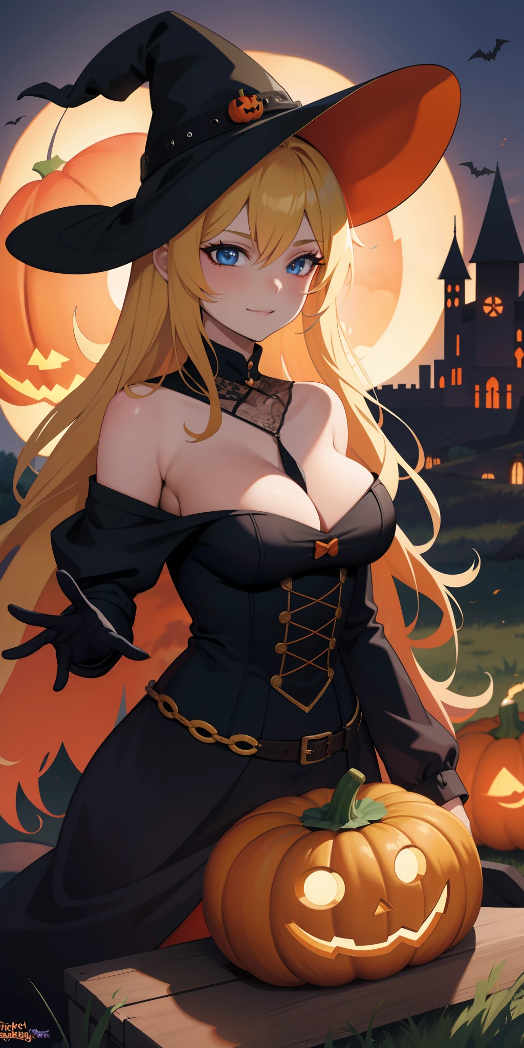 witch riding a pumpkin in a field with a castle in the background,Busty women, mechanized witch Women, witch Women, halloween theme, halloween celebration, bright witch, halloween art style, flirty anime witch casting magic, ❤🔥🍄🌪, scarry but bewitching, trick or treat, witch, fashionable dark witch, splash art anime, classical witch