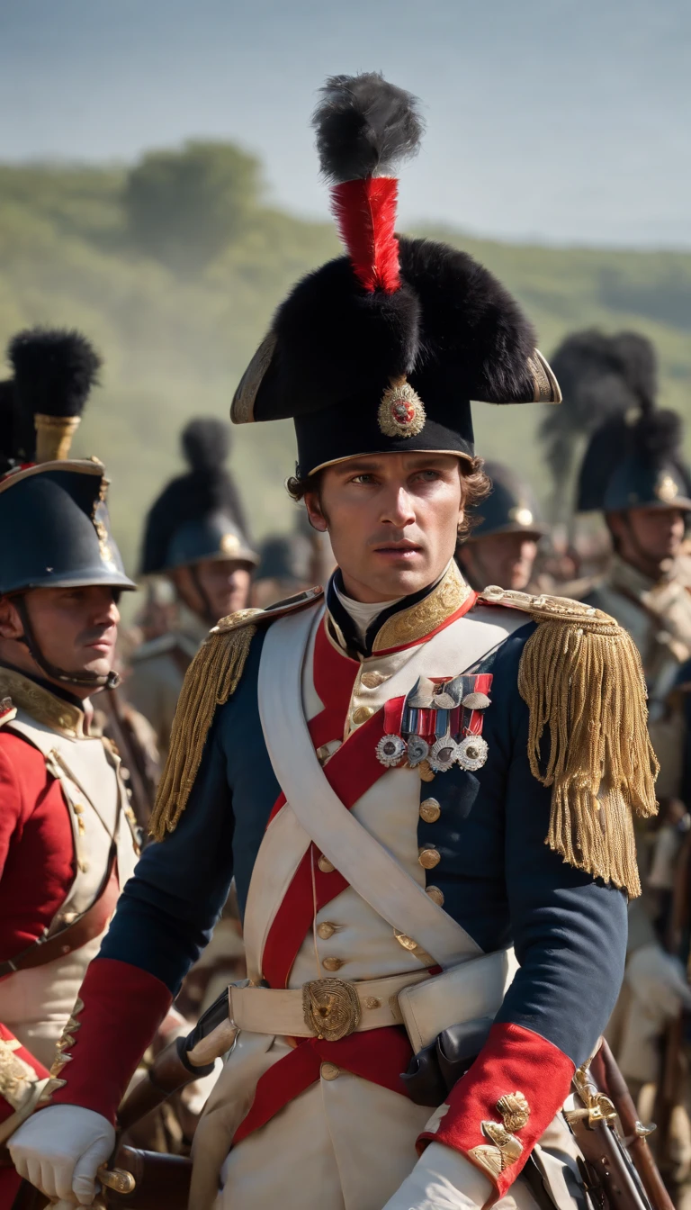 best quality,ultra-detailed,realistic:1.37,Napoleon Bonapart,1man,standing tall,confidently addressing his army in the battlefield,military uniform,ornate golden epaulettes,shiny brass buttons,red and blue sash across his chest,elaborate hat with a feather,proud,authoritative stance,magnificent scenery,rolling hills in the background,sun shining brightly,casting a warm golden glow,thousands of soldiers standing in formation,uniformly dressed,swords and muskets at their side,determined expressions,spotlessly clean battlefield,no sign of destruction or wear,clear blue sky,fluffy white clouds,history in the making,painting-like quality,rich colors and textures,impeccable attention to detail,portrait,warfare