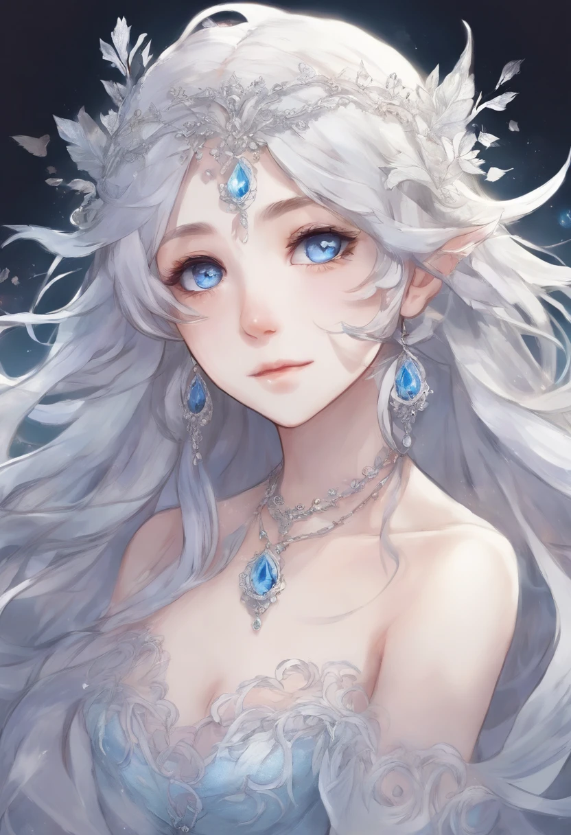 A ice elf (lovely woman, pale blue skin, deep blue hair and eyes, sheer reflective evening dress) acting alluring in a winter wonder land