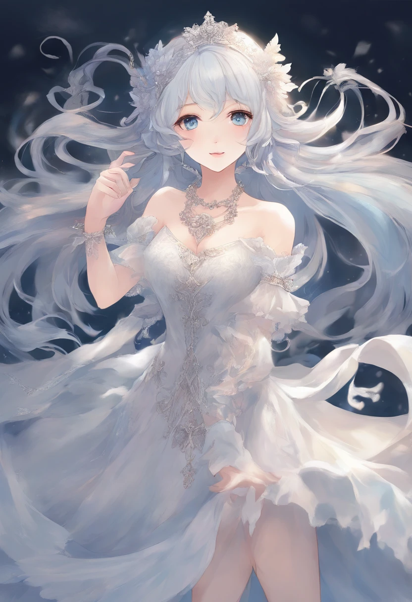 Anime Ghost Girl: hair color: silver haired, Like moonlight, long and undulating. Eyes: pale blue, Almost transparent eyes, that glow with soft light. Physique: Light and graceful figure, Almost weightless. Features: Ghost girl dressed in a long dusty dress, As if made of fog. Her dress is adorned with numerous silver bows, that seem invisible. On the inside of her arms and legs, traces of shining chains can be seen, And it floats in the air with no visible support. Her face expresses peace and tranquility, And her voice sounds like a melodious wind, Whisperer of riddles.