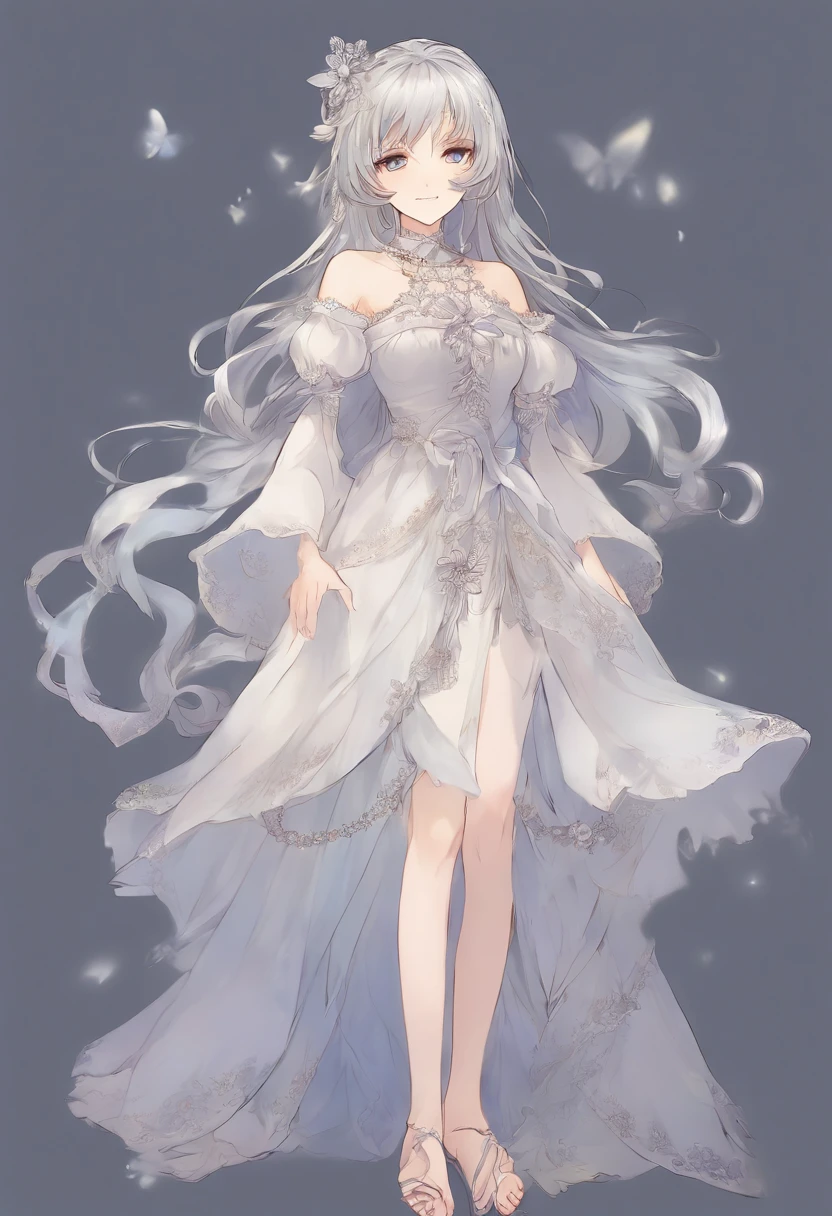 Anime Ghost Girl: hair color: silver haired, Like moonlight, long and undulating. Eyes: pale blue, Almost transparent eyes, that glow with soft light. Physique: Light and graceful figure, Almost weightless. Features: Ghost girl dressed in a long dusty dress, As if made of fog. Her dress is adorned with numerous silver bows, that seem invisible. On the inside of her arms and legs, traces of shining chains can be seen, And it floats in the air with no visible support. Her face expresses peace and tranquility, And her voice sounds like a melodious wind, Whisperer of riddles.