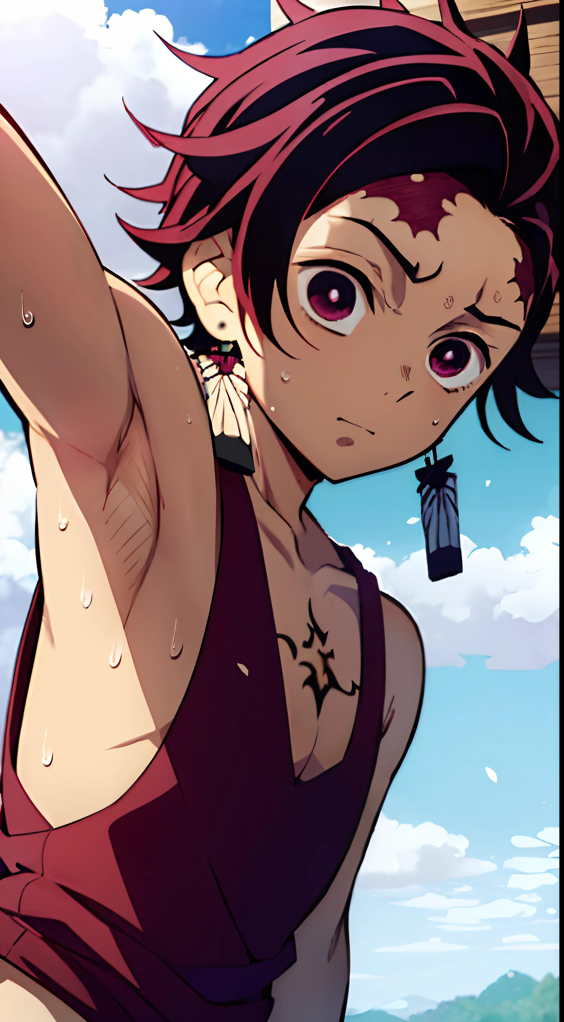 1boy masterpiece, Kamado Tanjiro from Demon Slayer, the day, gazing at the sky, (showing armpit:1.3), tank top, sweat, upper body, body only, ray tracing, best color