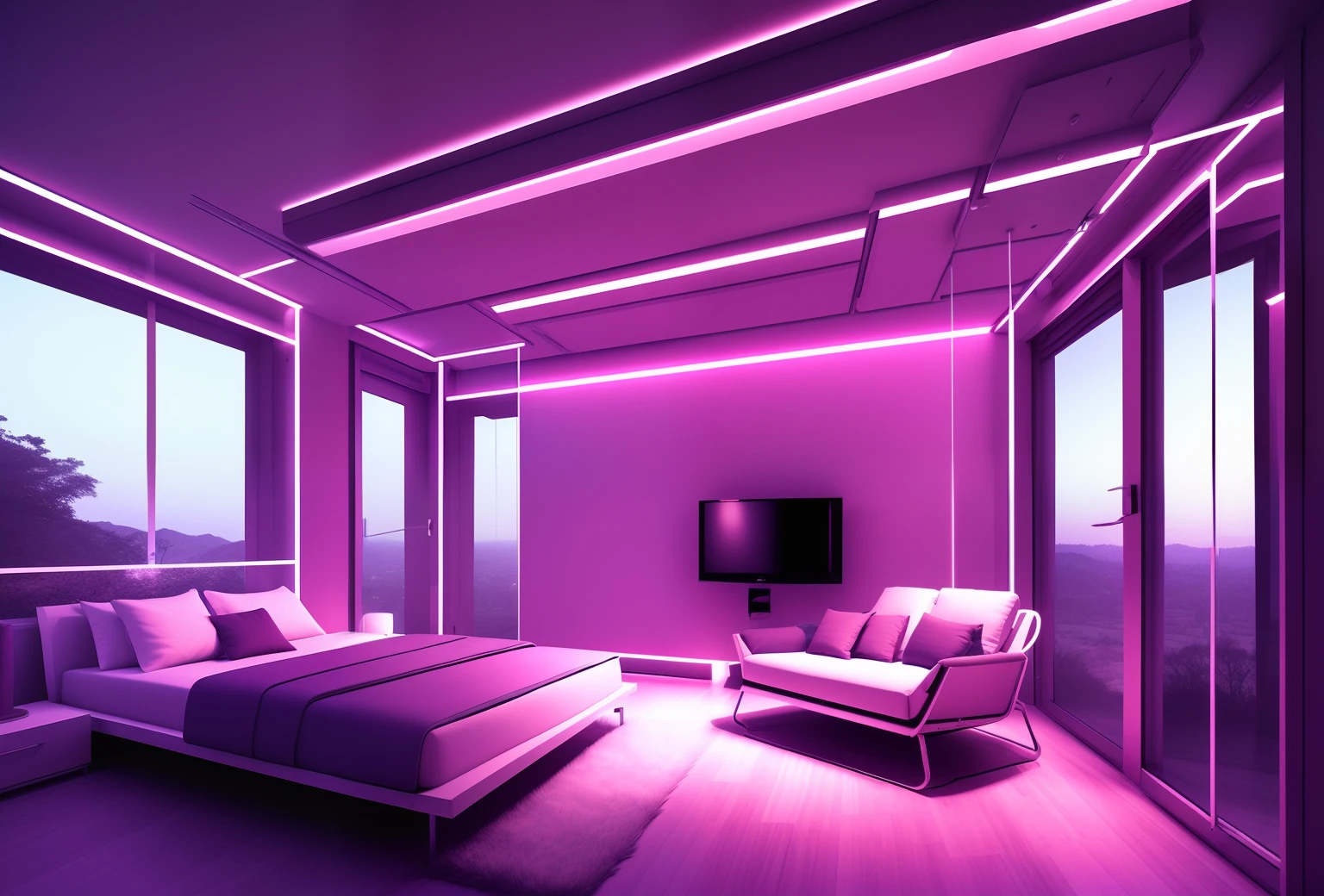 Neon Room Bedrooms Futuristic structure outside large windows nighttime scene neons