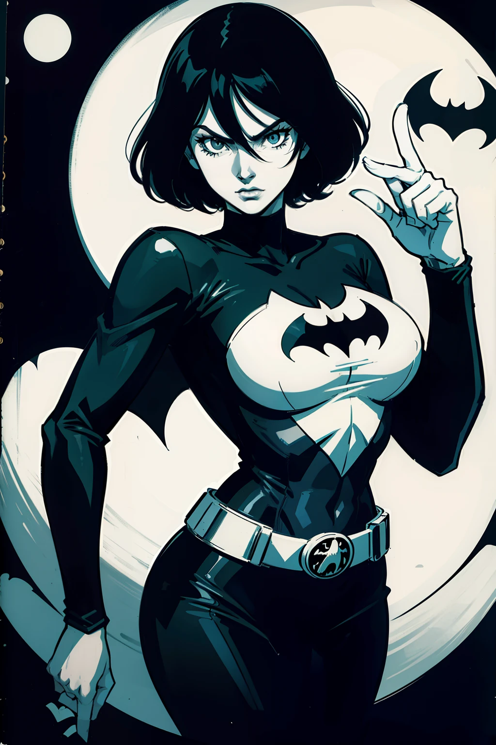 muscular girl huge breasts pale skin black hair long hair yellow eyes disdain annoyed disgusted disappointed