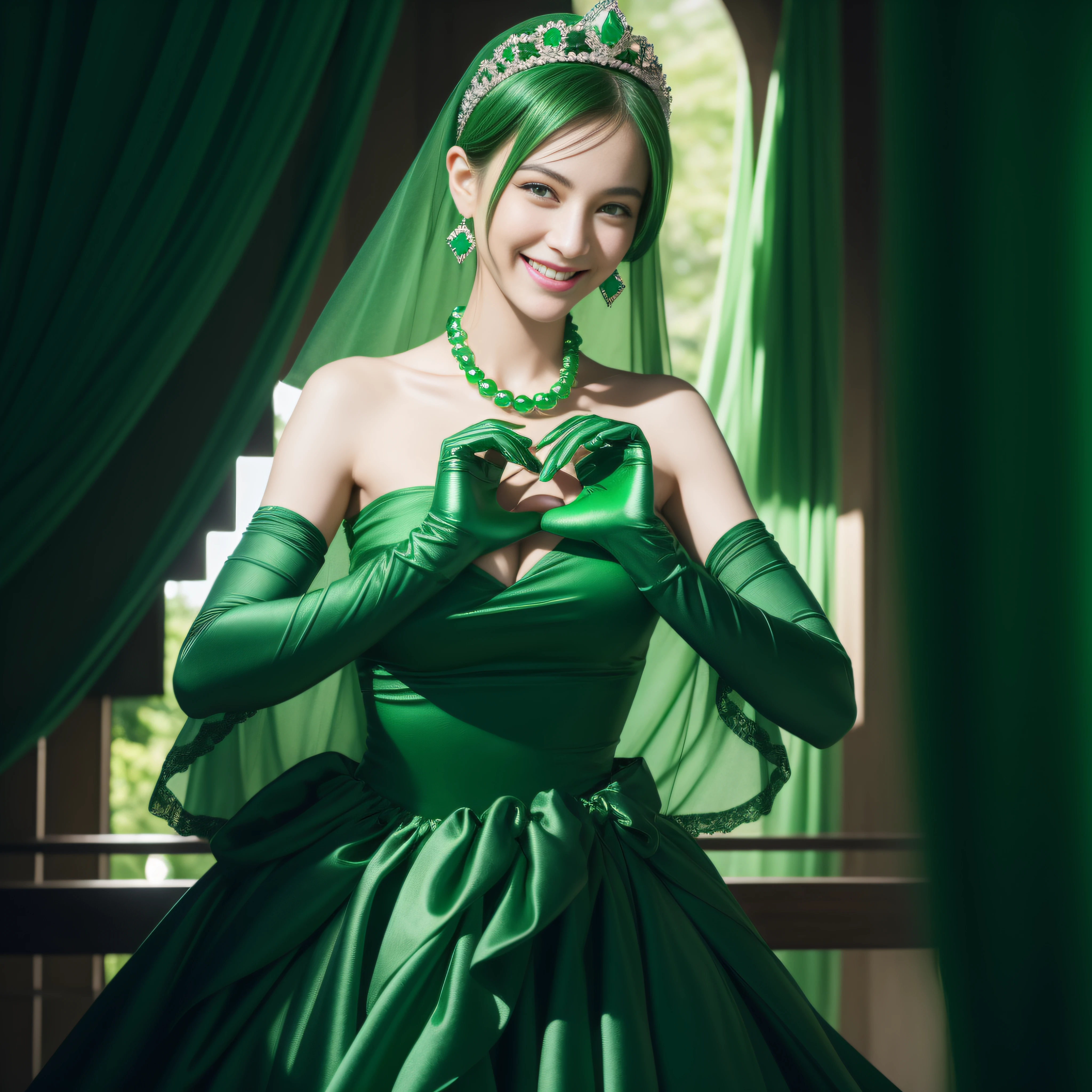 emerald tiara, Green Pearl Necklace, Boyish very short green hair, lipsticks, Japan woman smiling, very short short hair, big breasts beautiful, Green eyes, Long green gloves made of satin material, Green eyes, Emerald Earrings, green vale, Heart with both hands