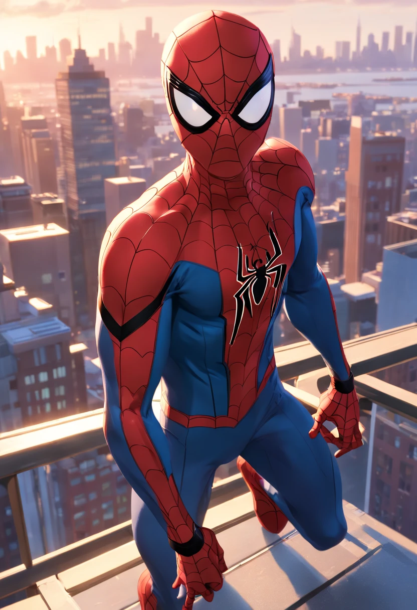 Spider - Man in suit standing on a roof with a city in the background, Pedro Lucia, Homem-Aranha, aranha - homem, Retrato do Homem-Aranha, hq 4k papel de parede, Aranha altamente detalhada - Man, peter parker como homem-aranha, Estilo futurista Homem-Aranha, 8k render", medium close - up ( Mcu ), Spiderman, Trending in ArtStation 4K, cg arte, sem mascara, olhos castanhos, cabelo encaracolado castanho