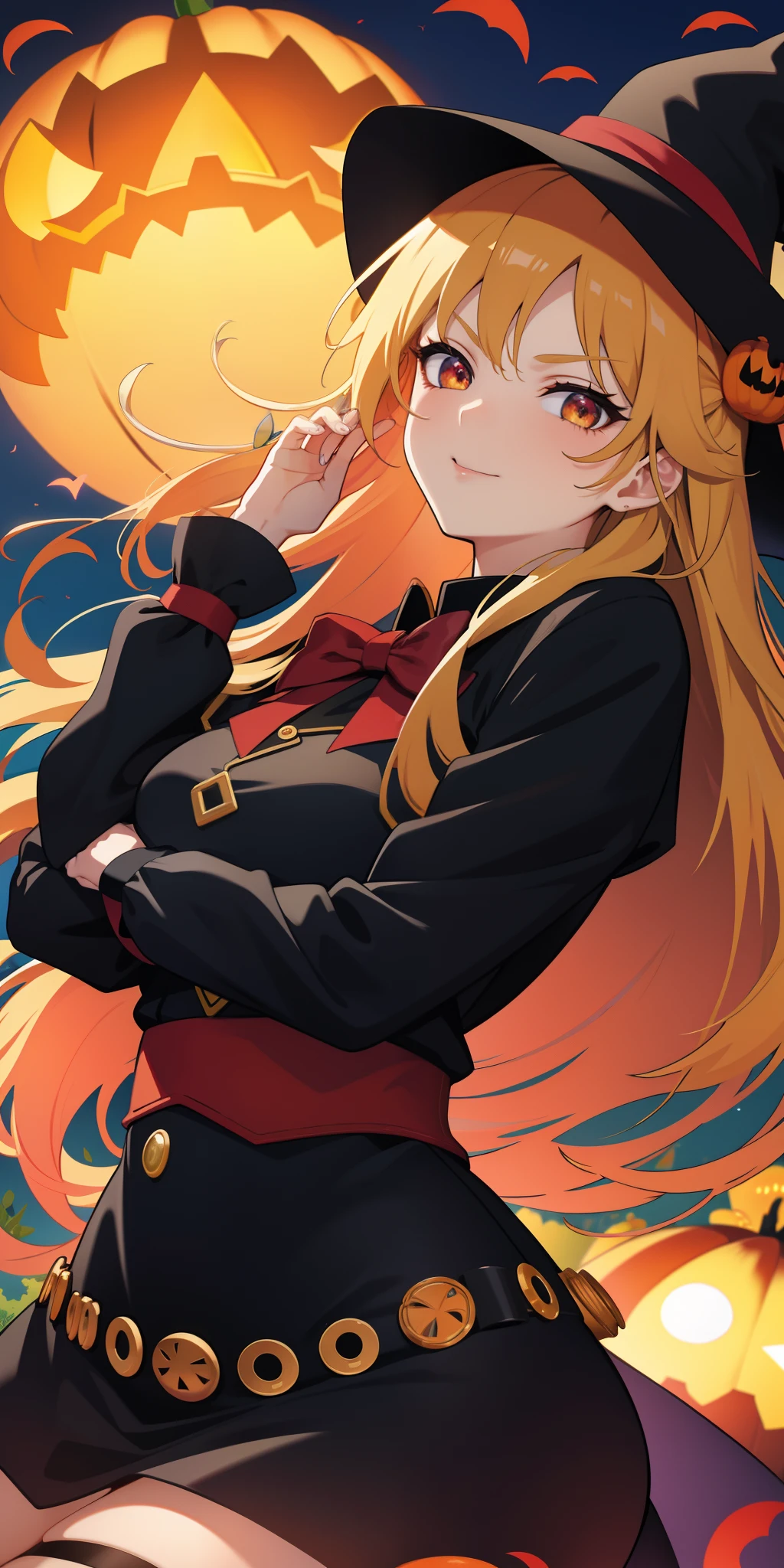 witch riding a pumpkin in a field with a castle in the background,Busty women, mechanized witch Women, witch Women, halloween theme, halloween celebration, bright witch, halloween art style, flirty anime witch casting magic, ❤🔥🍄🌪, scarry but bewitching, trick or treat, witch, fashionable dark witch, splash art anime, classical witch