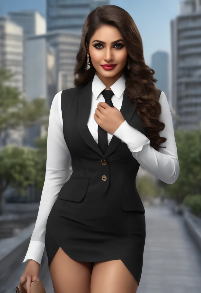 (8k, best quality, masterpiece:1.2), (realistic, photo-realistic:1.37), ultra-detailed, 1 Indian girl,25 year old, full body, outdoors, (adjusting hair:1.5) office lady, black office blazer covering her breast, office skirt covering her legs and feets, (pantyhose:1.2), (short buttoneddownshirt:1.2), buttoned upcollar prim, buttoned down collarprim, bra, (pantyhose:1.2), alphalayers, highheels, beautiful earrings, cute, solo, beautiful detailed sky, (smile:1.15), (closed mouth), medium breasts, beautiful detailed eyes, business attire, long open hair, floating hair NovaFrogStyle