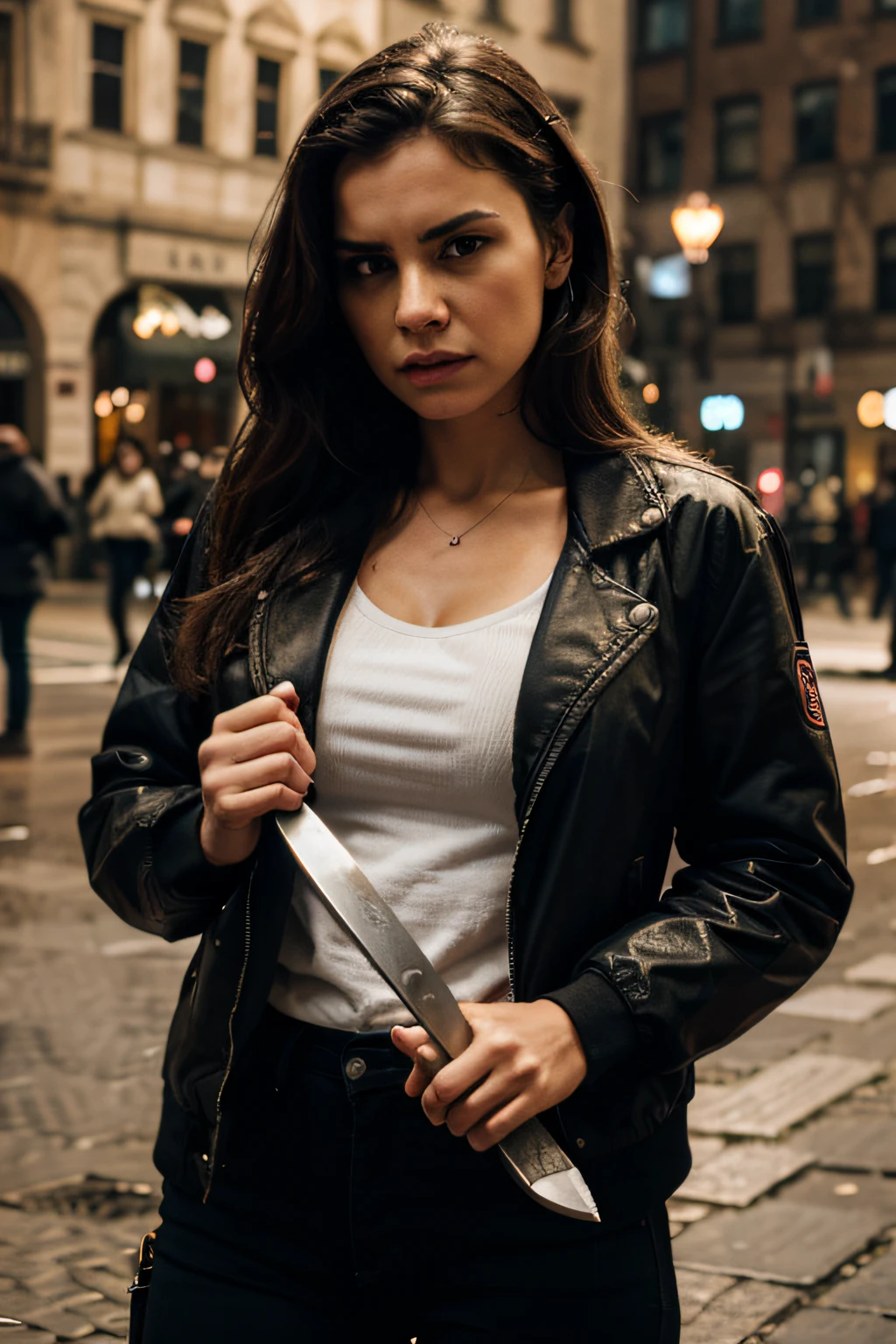 a beautiful and very angry woman in the square wearing a jacket holding a knife, cinematic and realistic