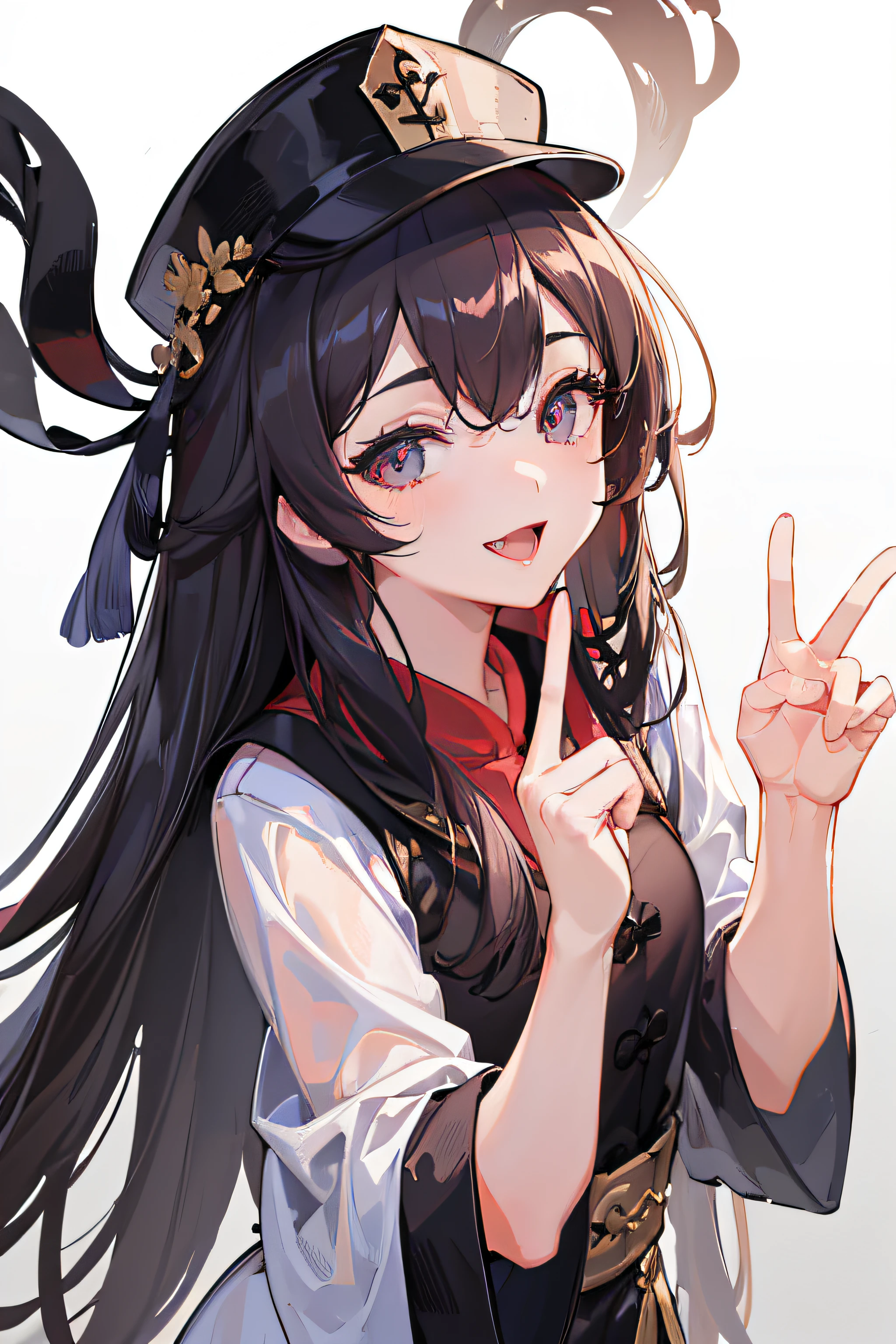 (best quality,4k,8k,highres,masterpiece:1.2),ultra-detailed,(realistic,photorealistic,photo-realistic:1.37),Hu Tao character,white background,Hu Tao hat,winking,tongue out,smiling,V signs with fingers,anime style