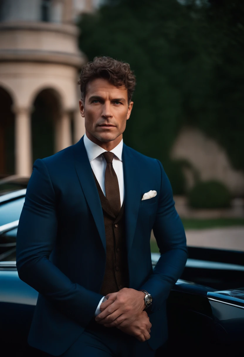 corps entier, wide-angle photo close-up portrait of the body of a handsome man , Grand et en forme, (40 ans:1.1), (shaven:1.2) , (very short brown hair and a little curly:1.5),(very short hair:1.6). (Tight suit in dark blue velvet:1.3). (posing outside the mansion with a luxury car:1.1),Cold and dark sunset at dusk, (Edge Light:1.1),(Concentrez-vous sur les yeux), (Regard fier), (hard light on the skin:1.2), (ombres dures, dark themed, Contraste profond:1.1), (photographie de portrait par Annie Liebovitz), Dark mint theme and choral aesthetics, (skin imperfections)