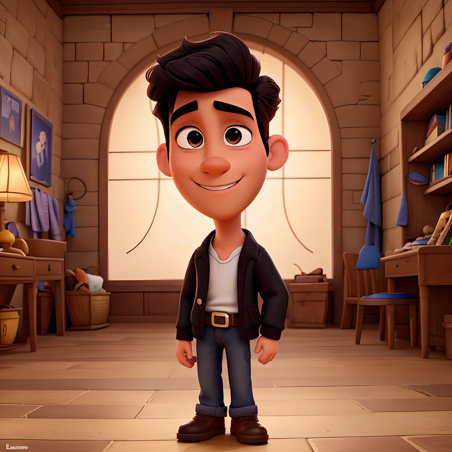 Disney pixars a poster of a young man with pompador straight black hair brown eyes smooth face without beard written (Luan Santana)
