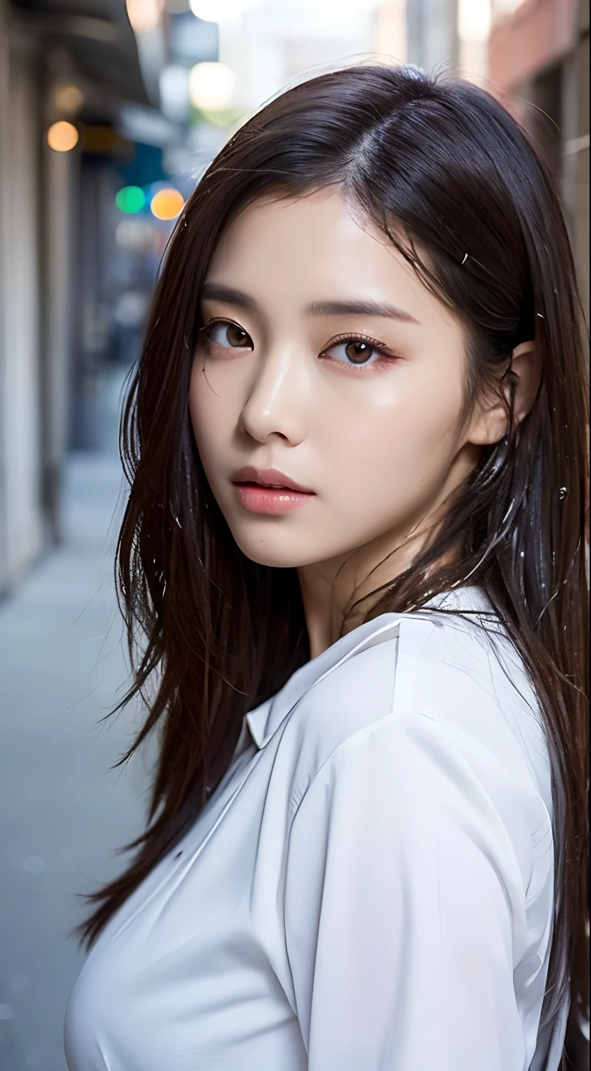 ((Best Quality, 8K, Masterpiece: 1.3)), Sharp: 1.2, Perfect Body Beauty: 1.4, Slim Abs: 1.2, ((Layered Hairstyle, Big Breasts: 1.2)), (Wet White Button Long Shirt: 1.1), (Rain, Street: 1.2), Wet: 1.5, Highly detailed face and skin texture, detailed eyes, double eyelids, side face looking at the camera