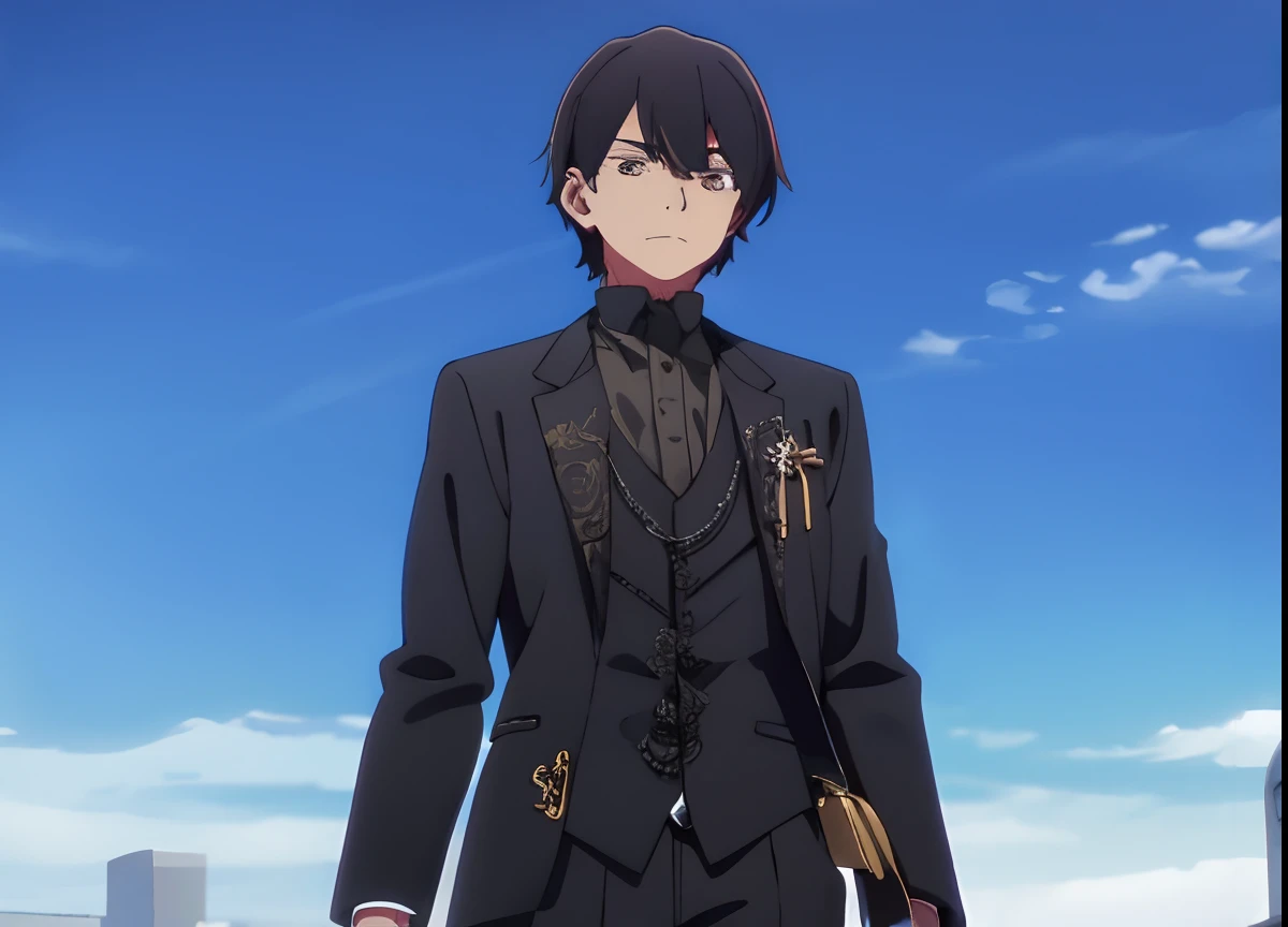 Chico joven, Elegant gothic costume, cabello ?????, ojos negros, parado