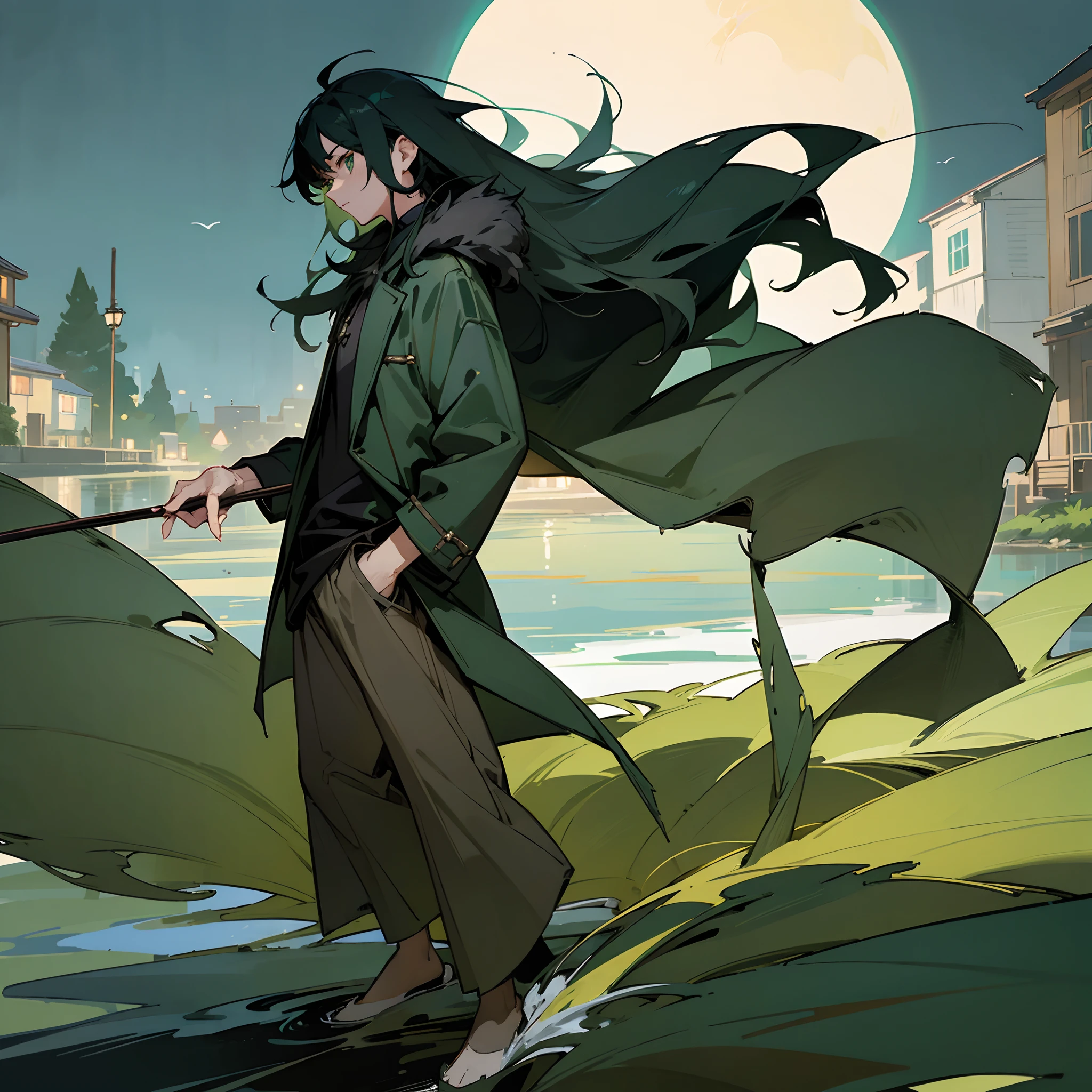 1male, young teen, finely detailed green eyes, messy long black hair, night time fishing village, posing with hand in pocket, loose casual clothing, fur long coat, walking down path