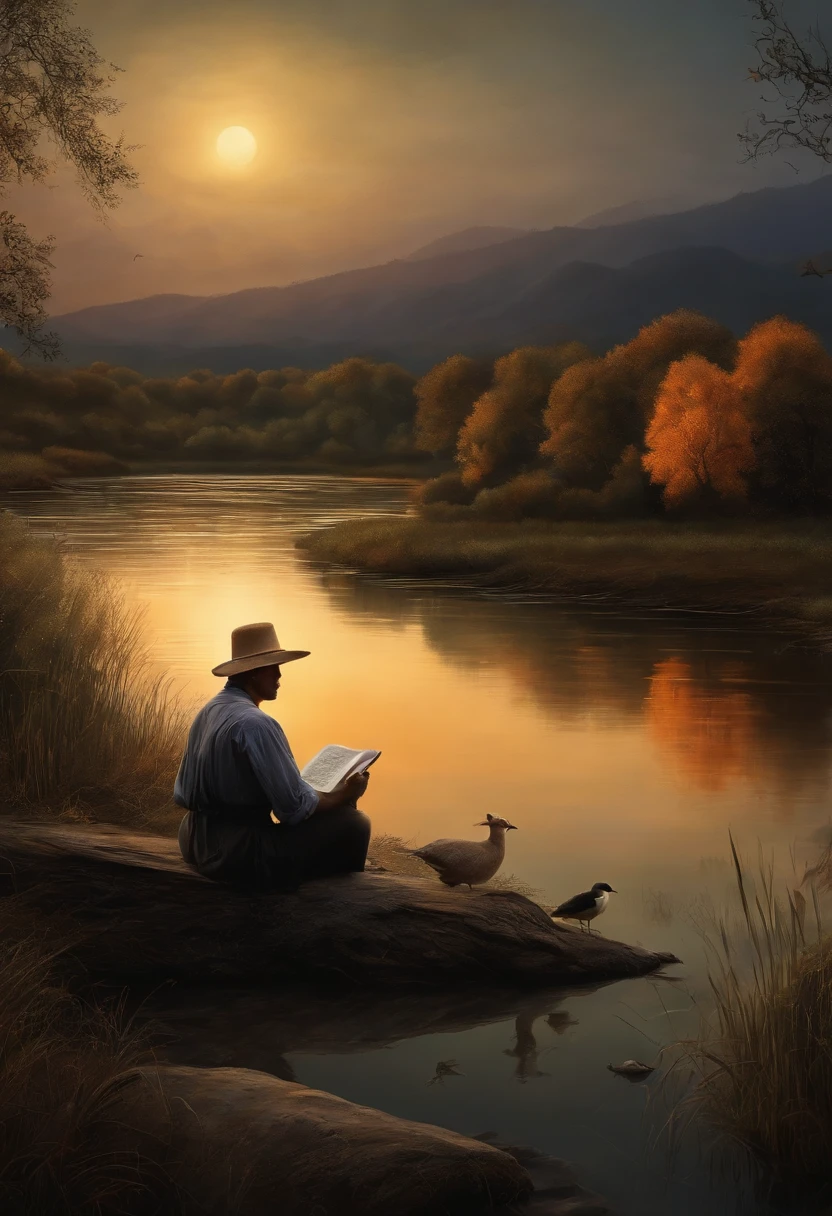 In the darkness of a beautiful night
A man sits on the bank of a river with his flock and a woman swims down the river to meet him. generate a clear and distint miniature painting of the scene.