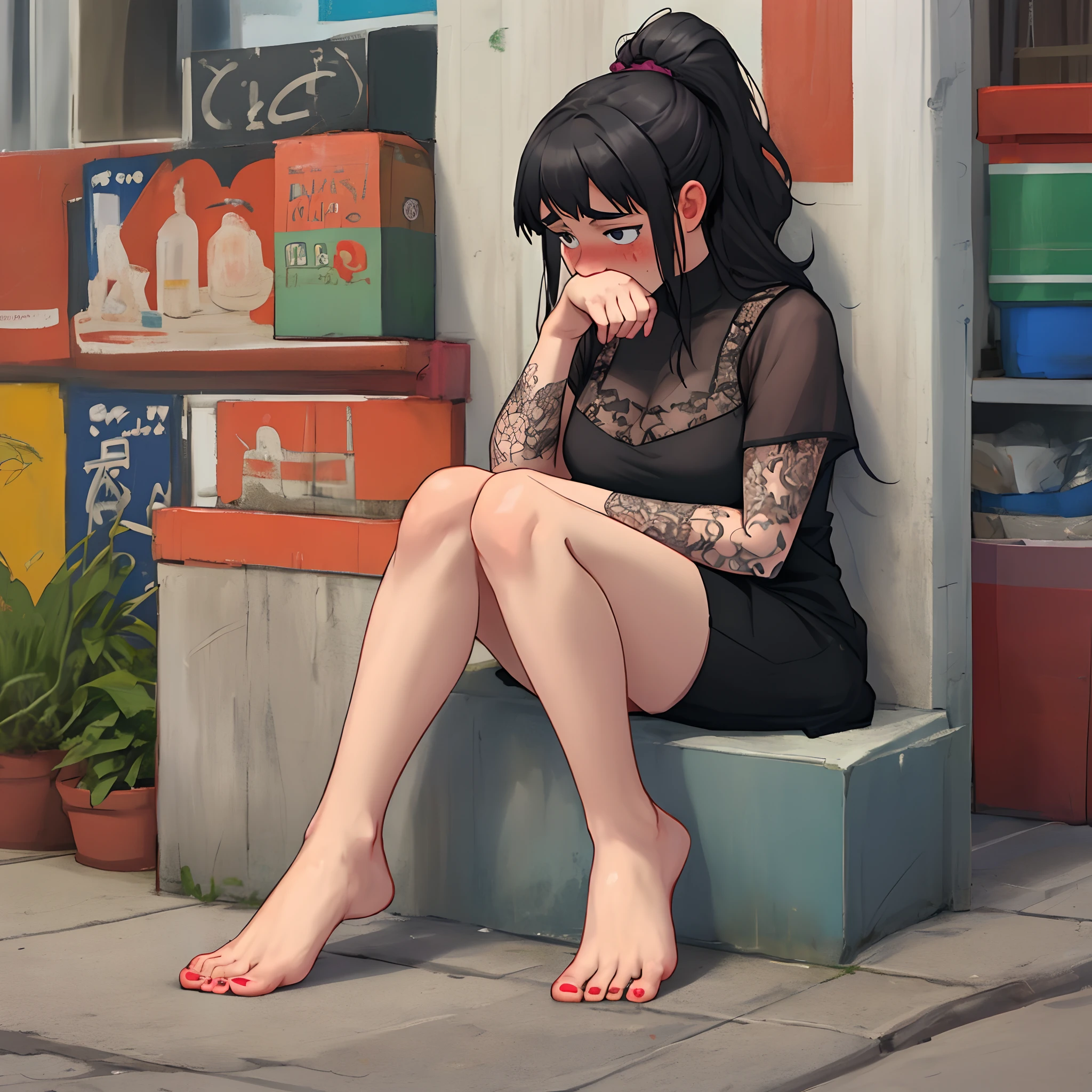 Goth girl embarrassed about her smelly feet, holding her nose