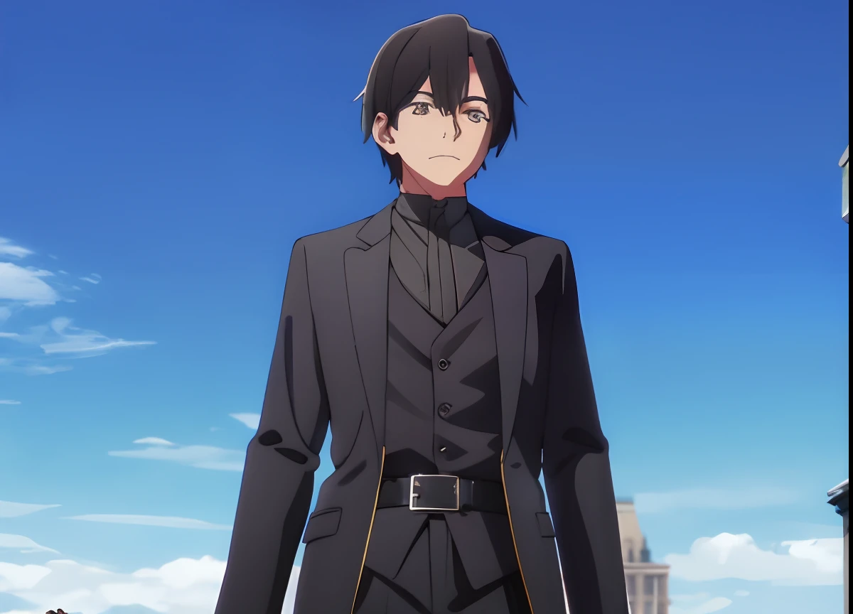 Chico joven, Elegant gothic costume, cabello negro, ojos negros, parado