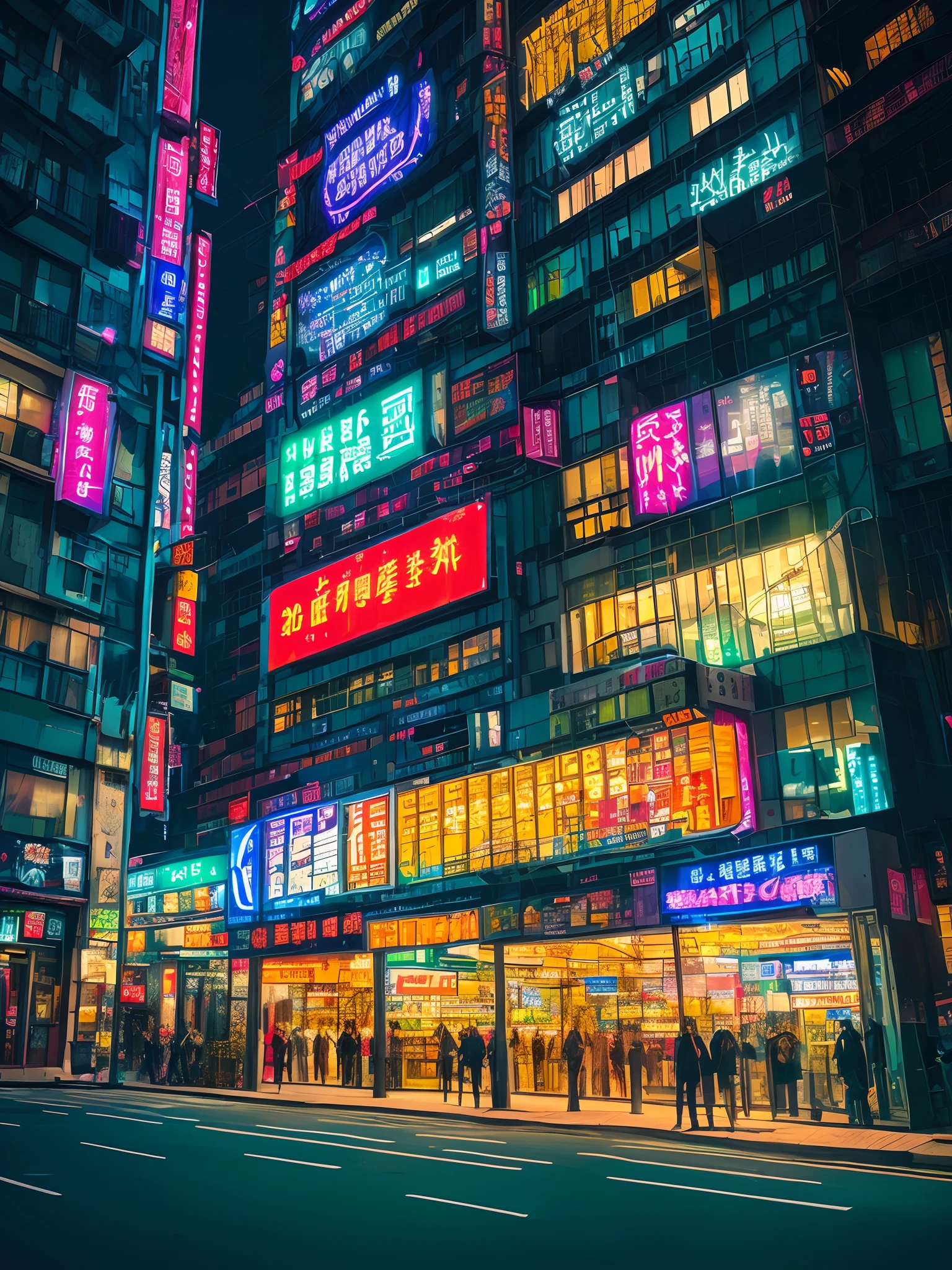 Futuristic structure outside the window nighttime scene neons metalic Cyberpunk Asia