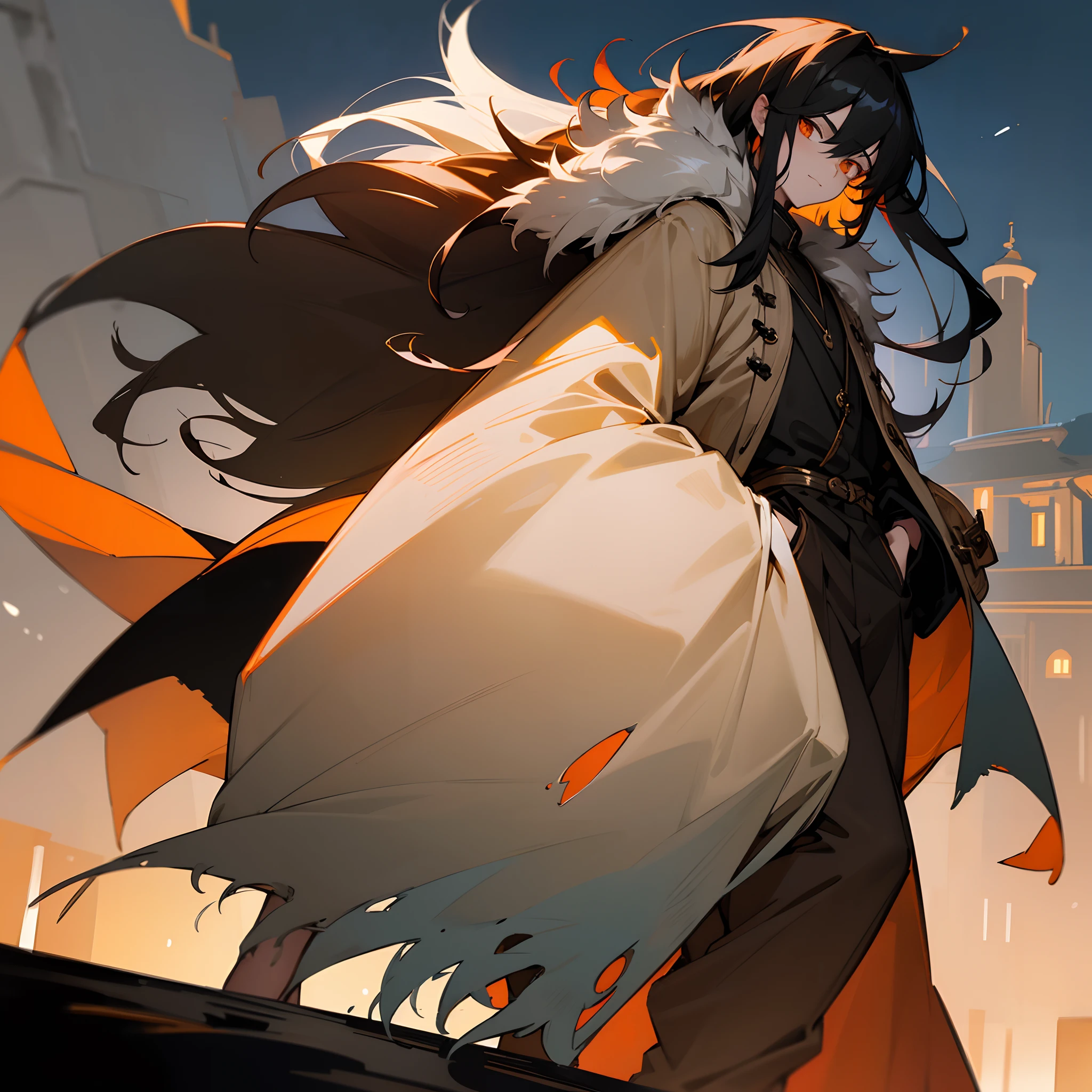 1male, child, finely detailed orange eyes, messy long black hair, night time village, posing with hand in pocket, loose casual clothing, fur long coat, walking down path