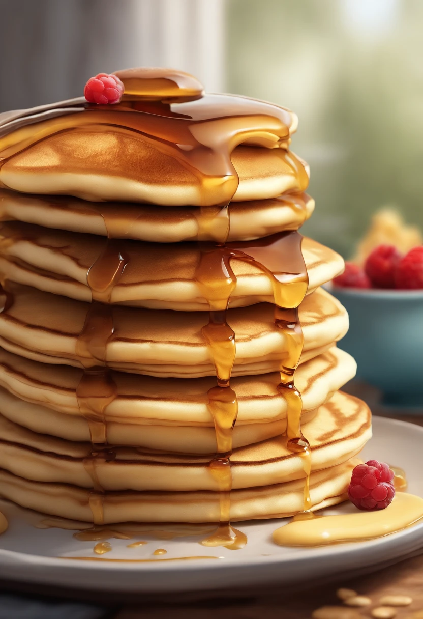 "Digital illustration of a stack of fluffy, golden pancakes, each (({layered with melting butter and drizzled with maple syrup})). The pancakes should be depicted in a close-up shot, with a slight tilt to the angle for a dynamic composition. The style should draw inspiration from the vibrant and inviting illustrations found on platforms like Dribble and Art Station. The background can be a warm, rustic kitchen setting with a wooden table and soft, natural light streaming in from a nearby window. The image should exude a sense of comfort and indulgence, with a focus on intricate details in the texture of the pancakes."