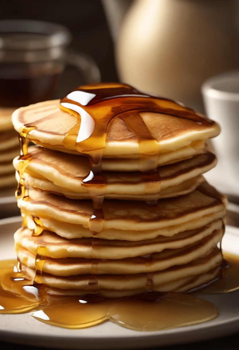 "Digital illustration of a stack of fluffy, golden pancakes, each (({layered with melting butter and drizzled with maple syrup})). The pancakes should be depicted in a close-up shot, with a slight tilt to the angle for a dynamic composition. The style should draw inspiration from the vibrant and inviting illustrations found on platforms like Dribble and Art Station. The background can be a warm, rustic kitchen setting with a wooden table and soft, natural light streaming in from a nearby window. The image should exude a sense of comfort and indulgence, with a focus on intricate details in the texture of the pancakes."