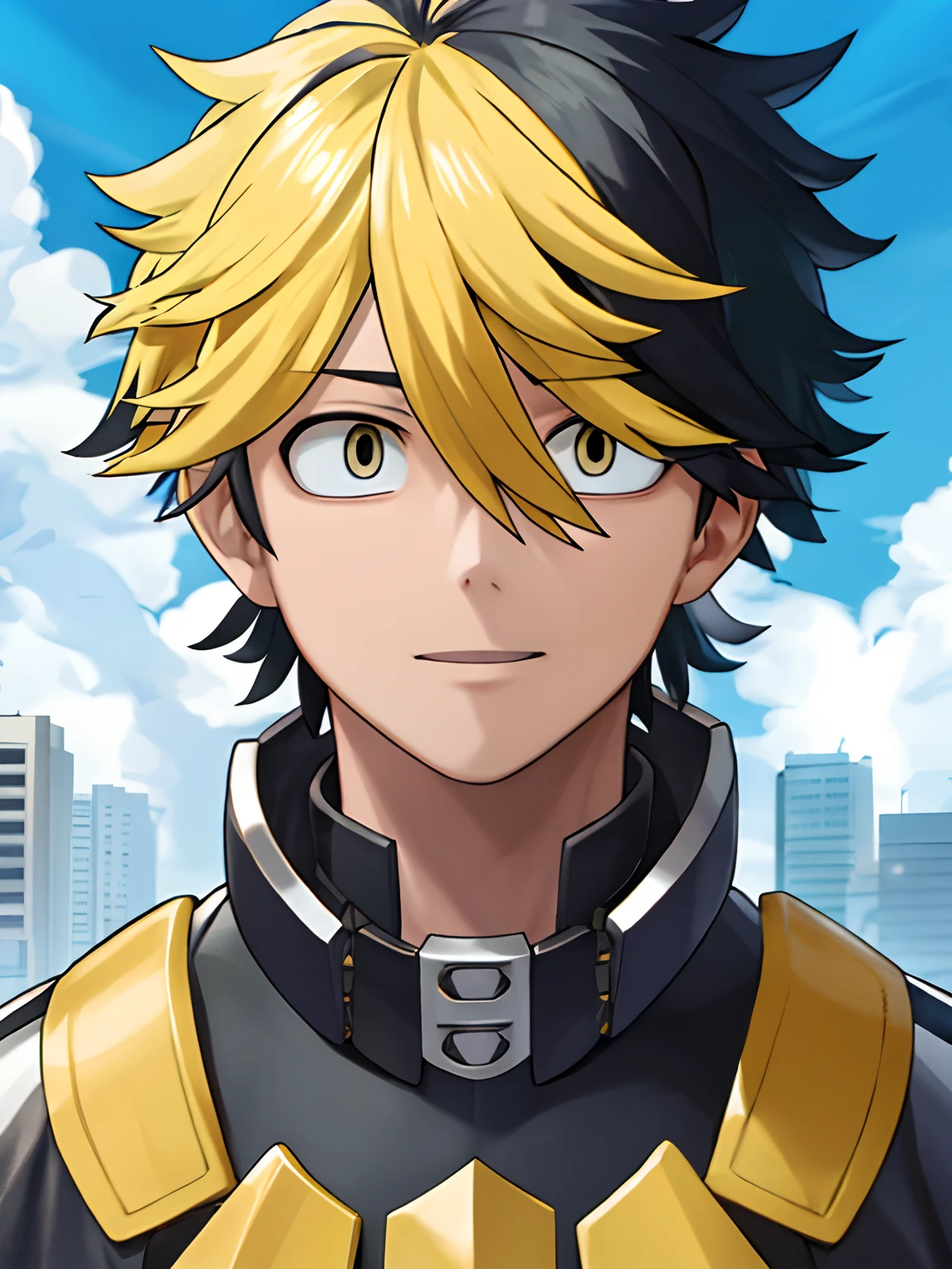 Horikoshi Kouhei, Kouhei Horikoshi, Kohei Horikoshi, boku no hero academia, Hero looking at the viewer. Cabelos brilhantes. boca fechada, Arte digital premiada, alta qualidade, perfeita qualidade, olhos perfeitos, rosto perfeito, hero uniform, perfeito, cabelo flamejante, raios amarelos, arte perfeita, Hanemiya Kazutora