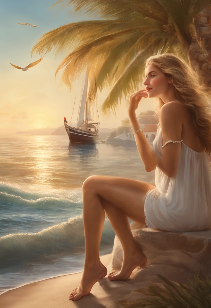 (best quality,4k,8k,highres,masterpiece:1.2),ultra-detailed,(realistic,photorealistic,photo-realistic:1.37),a girl by the sea,beautiful detailed eyes,beautiful detailed lips,extremely detailed eyes and face,long eyelashes,ocean breeze,sun-kissed skin,flowing golden hair,warm sunlight,happy and free-spirited,looking out onto the horizon,vivid colors,painting by the sea,portraits,happy and enchanting scene,fishing boats in the distance,seagulls flying above,crashing waves,gentle sound of the ocean,sparkling water,clear blue sky,sandy beach,seashells and pebbles,seaweed,swaying palm trees,coastal town,local fisherman in the background,fresh catch of the day,sailboats in the harbor,small shops and cafes,friendly locals,peaceful atmosphere,light and shadows,dream-like atmosphere,summer vibes.
