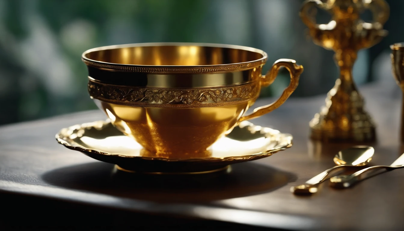 golden cup, with diamonds, shiny, on an antique table, 8k, cinematic, realistic