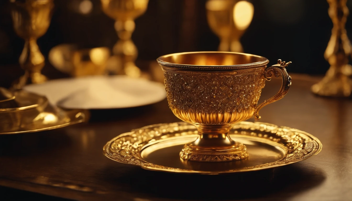 golden cup, with diamonds, shiny, on an antique table, 8k, cinematic, realistic