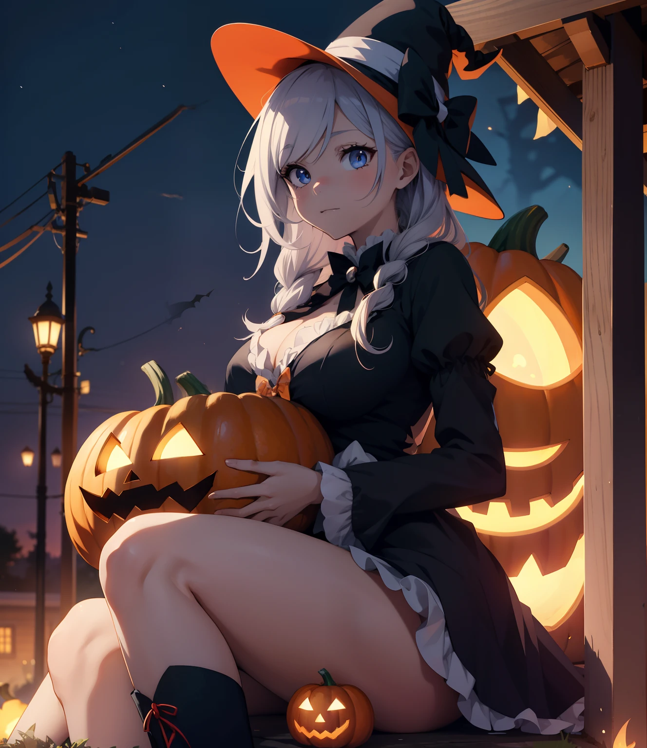 anime girl sitting on a pumpkin with a cat and ghost, halloween celebration, trick or treat, halloween art style, Busty women, halloween night, kawacy, halloween theme, in a halloween style, witch girl, halloween, halloween atmosphere, 🍂 cute, halloween scene, splash art anime, ❤🔥🍄🌪, artgerm and rossdraws, fashionable dark witch