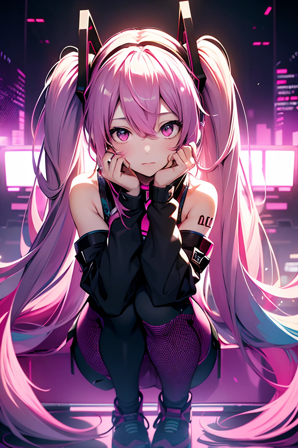 ((Masterpiece))), (Best Quality)), Chromatic Aberration, 1girl, Solo, Skirt, Hatsune Miku, Long Hair, Thighs, Twin Tails, Kneeling, ,Headset, Purple Eyes, Purple Hair, Full Body, Live Venue Background, Very Long Hair, Tattoo,Hair Ornament, Wearing a Pink Swimsuit,Happy --auto --s2
