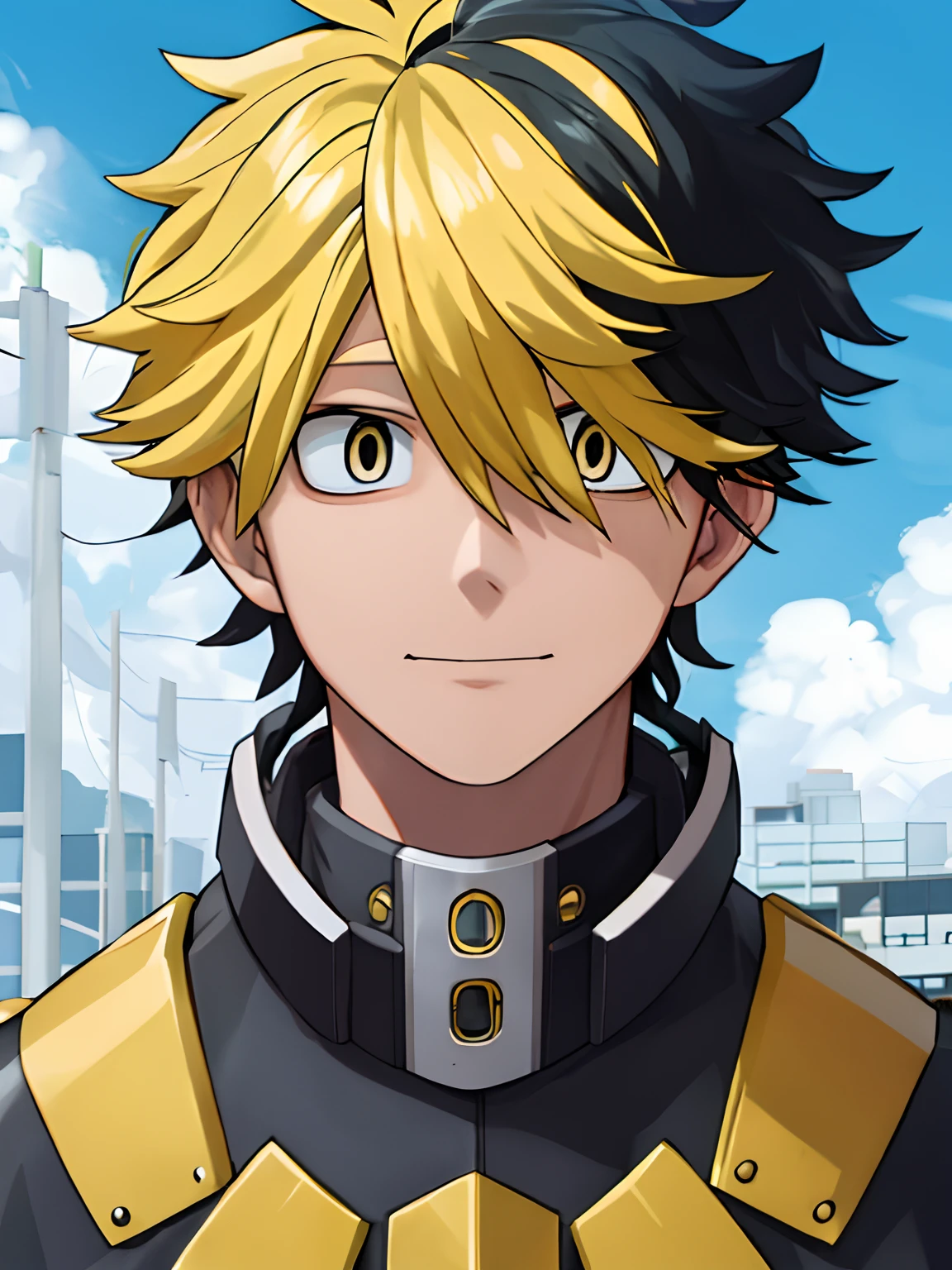 Horikoshi Kouhei, Kouhei Horikoshi, Kohei Horikoshi, boku no hero academia, Hero looking at the viewer. Cabelos brilhantes. boca fechada, Arte digital premiada, alta qualidade, perfeita qualidade, olhos perfeitos, rosto perfeito, hero uniform, perfeito, cabelo flamejante, raios amarelos, arte perfeita, Hanemiya Kazutora