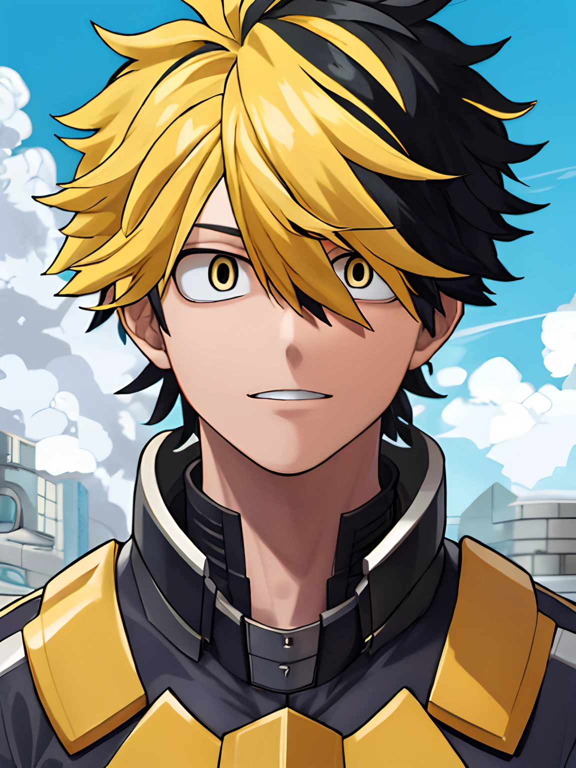 Horikoshi Kouhei, Kouhei Horikoshi, Kohei Horikoshi, boku no hero academia, Hero looking at the viewer. Cabelos brilhantes. boca fechada, Arte digital premiada, alta qualidade, perfeita qualidade, olhos perfeitos, rosto perfeito, hero uniform, perfeito, cabelo flamejante, raios amarelos, arte perfeita, Hanemiya Kazutora, graves, olhos flamejantes