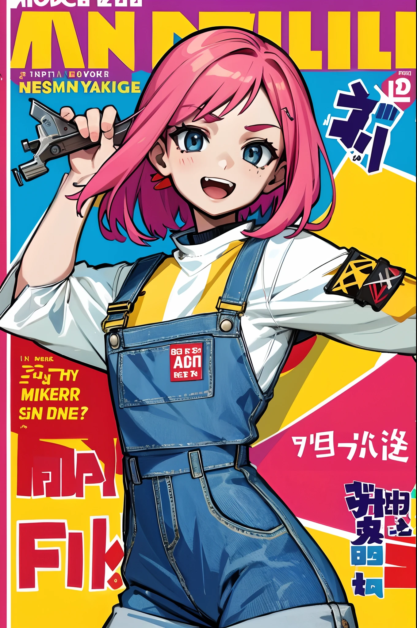 1girl, sfw, cap, shorts, jacket, (Magazine cover-style illustration of a fashionable woman in vibrant outfit posing in front of a colorful and dynamic background. She has a confident expression and is striking a pose. The text on the cover should be bold and attention-grabbing, with the title of the magazine and a catchy headline. The overall style should be modern and trendy, with a focus on fashion and lifestyle), wallpaper, crowds, fashion, contrapposto, female focus, model, cool