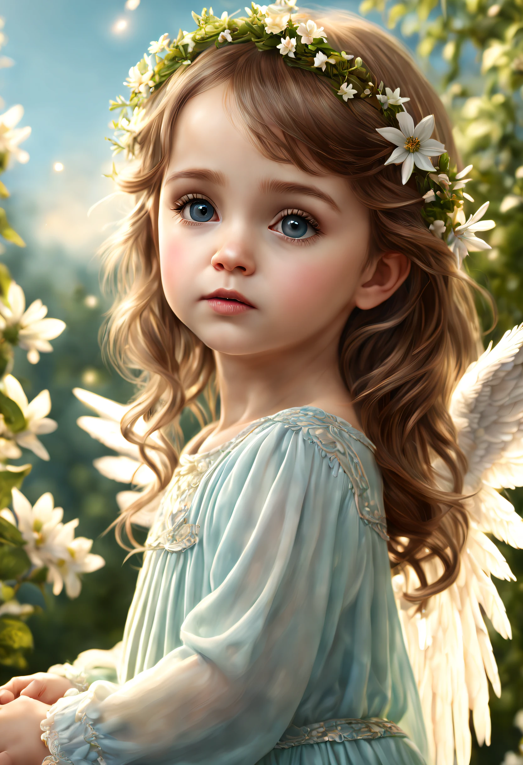 Top quality, Pastel painting, Gentle atmosphere, Twin Girl Angel, Cute, White wings, Smiling happily, Short brown hair of different colors, A blue eye, A green eye, Dresses of different colors, flower hair ornaments, Upper body, looking at viewert, space, meteors, Light,