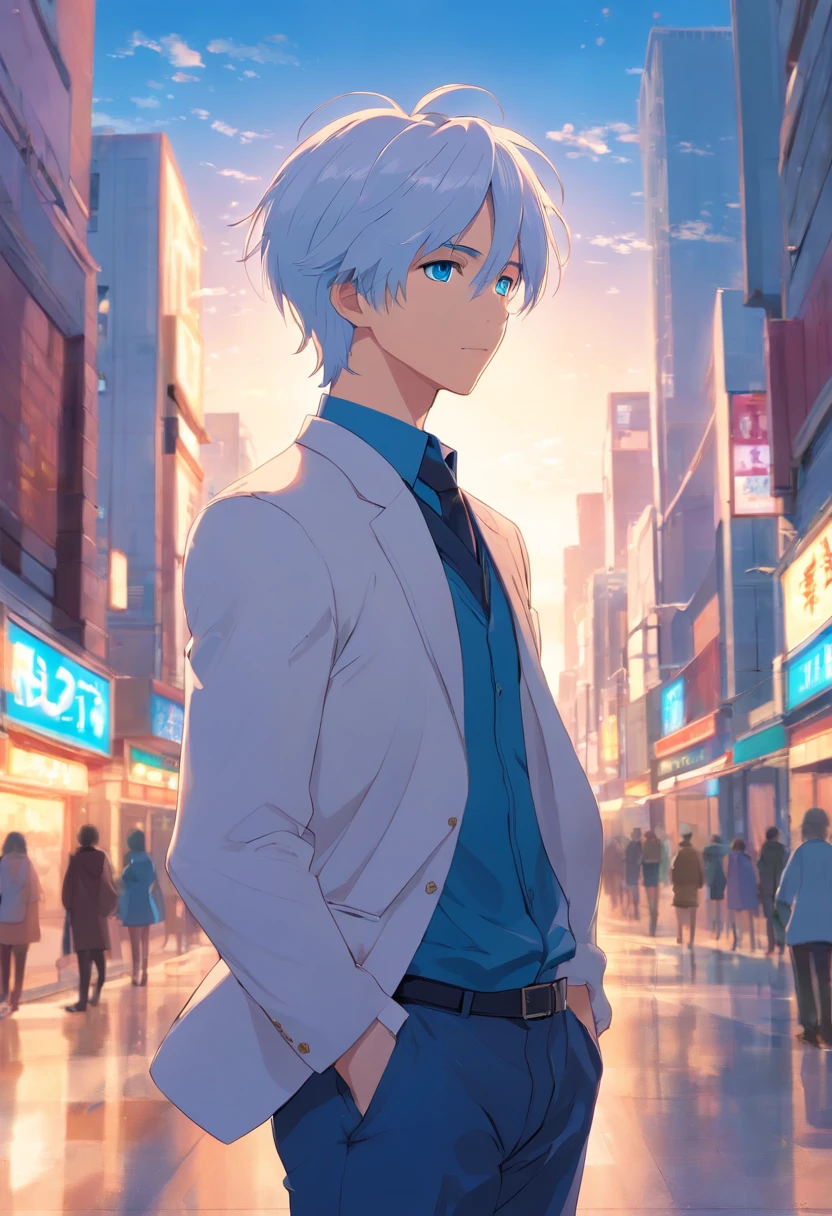 Create a captivating anime character, featuring a stunningly handsome man with flowing white hair, enchanting blue eyes, and dressed in an exquisite, one-of-a-kind outfit."