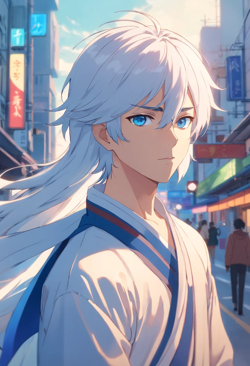 Create a captivating anime character, featuring a stunningly handsome man with flowing white hair, enchanting blue eyes, and dressed in an exquisite, one-of-a-kind outfit."