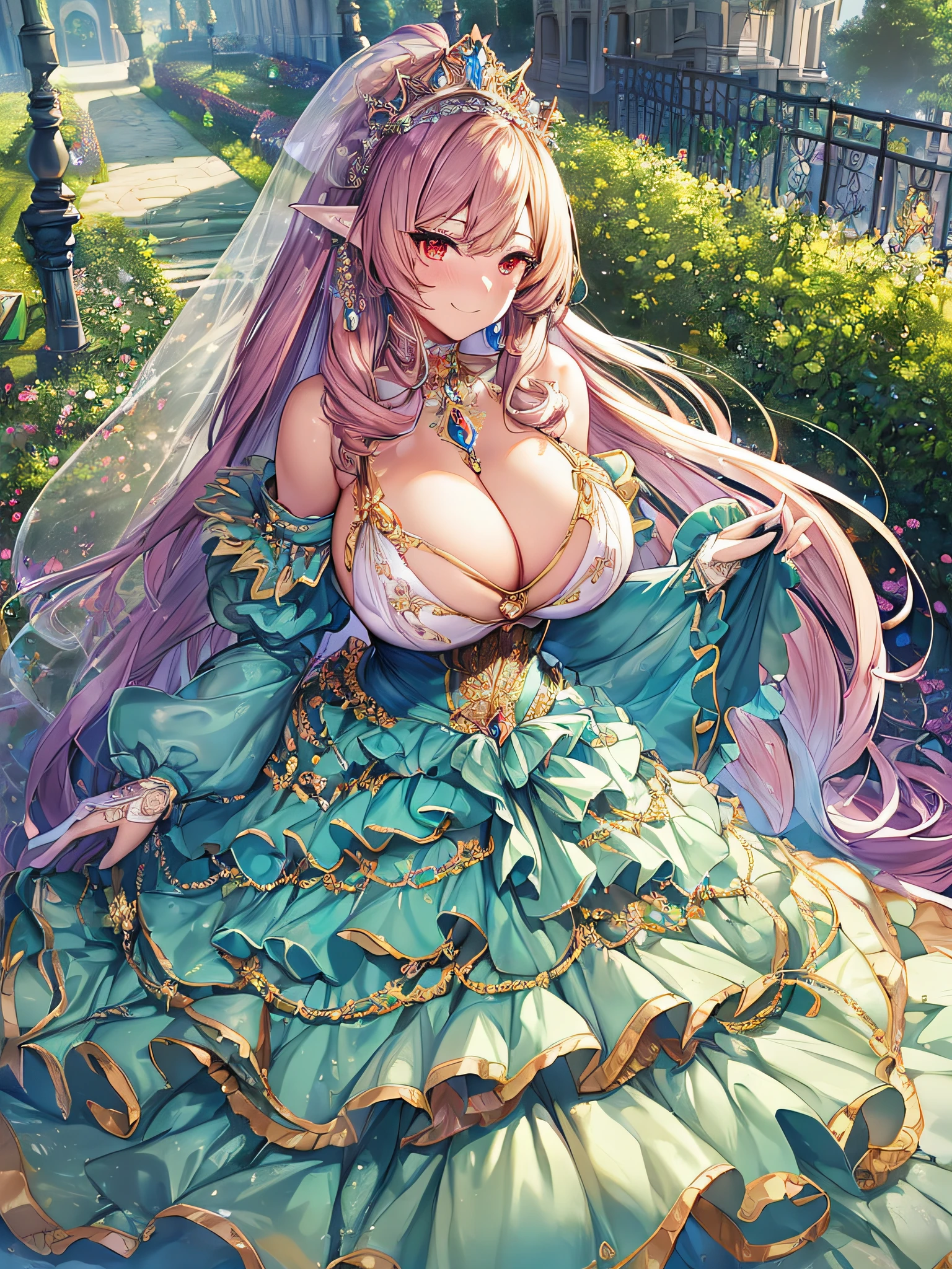 ((Anime Art Style)),(masutepiece),(Best Quality), (Super Detail),((Very delicate and beautiful)),(Highly detailed CG Unity 8k wallpaper),((Full body portrait)),((Stand in the garden)),((Solo)),(((One princess in very gorgeous ball gown with voluminous floor length hoop skirt))),((enormous Crinoline Hoop Skirt)),Long Train,Gorgeous embroidery and jewelry,voluminous ruffles,(((very gigantic boobs,Skindentation))),((large amount of straight hair,extremely voluminous Hair,Very Long Straight Hair)),(finely detailed face and eyes),((Seductive smile,embarrassed)),Beautiful eyes like jewels,extremely gorgeousfull hair ornament,(very gorgeous tiara adorned with bling-bling jewels),Glitter Gorgeous Gemstone Jewelry,Gorgeous Long Veil,(opera gloves),(Beautiful background),(Full body),((gorgeous ball gown with voluminous floor length hoop skirt)),