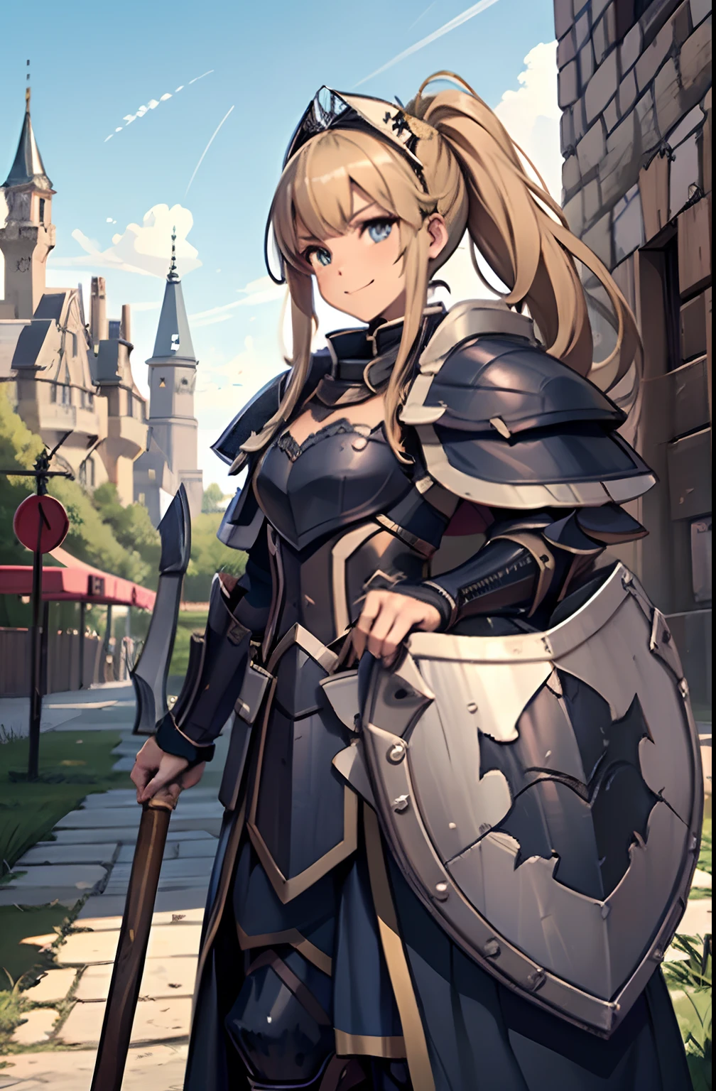 loli, very long pony tail hair, almond coloured hair, def_jade, lolita, black, flat chest skirted armor, lolita armor fashion, smug smile, heavy armour, holding a big shield, castle outdoors background, holding axe holding grip of axe, colourful, indigo colour
