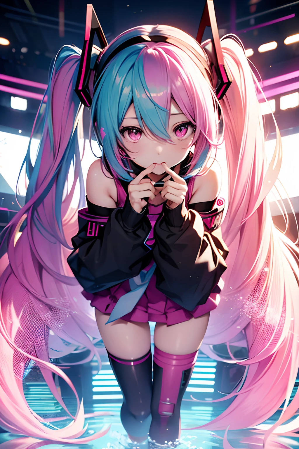 1girl, bottom view, from the bottom, perspective, low-angle, theres a girl in public street of shibuya, holding a flipphone on her hand, she has long painted nailes with decorations, nailart, she has hot pink hair in long pigtails with bangs, her eyes are blue and have spirals in them, spiral pupil, decora, hairclips, accessories, hair ornaments, bandaid on knees and arm, X bandaid, colorful, she wears kawaii clothing, you can see the city buildings on the background and the shopping mall "shibuya109", she is happy and decorated with glitter, sparkles and beads, bedazzled accesories