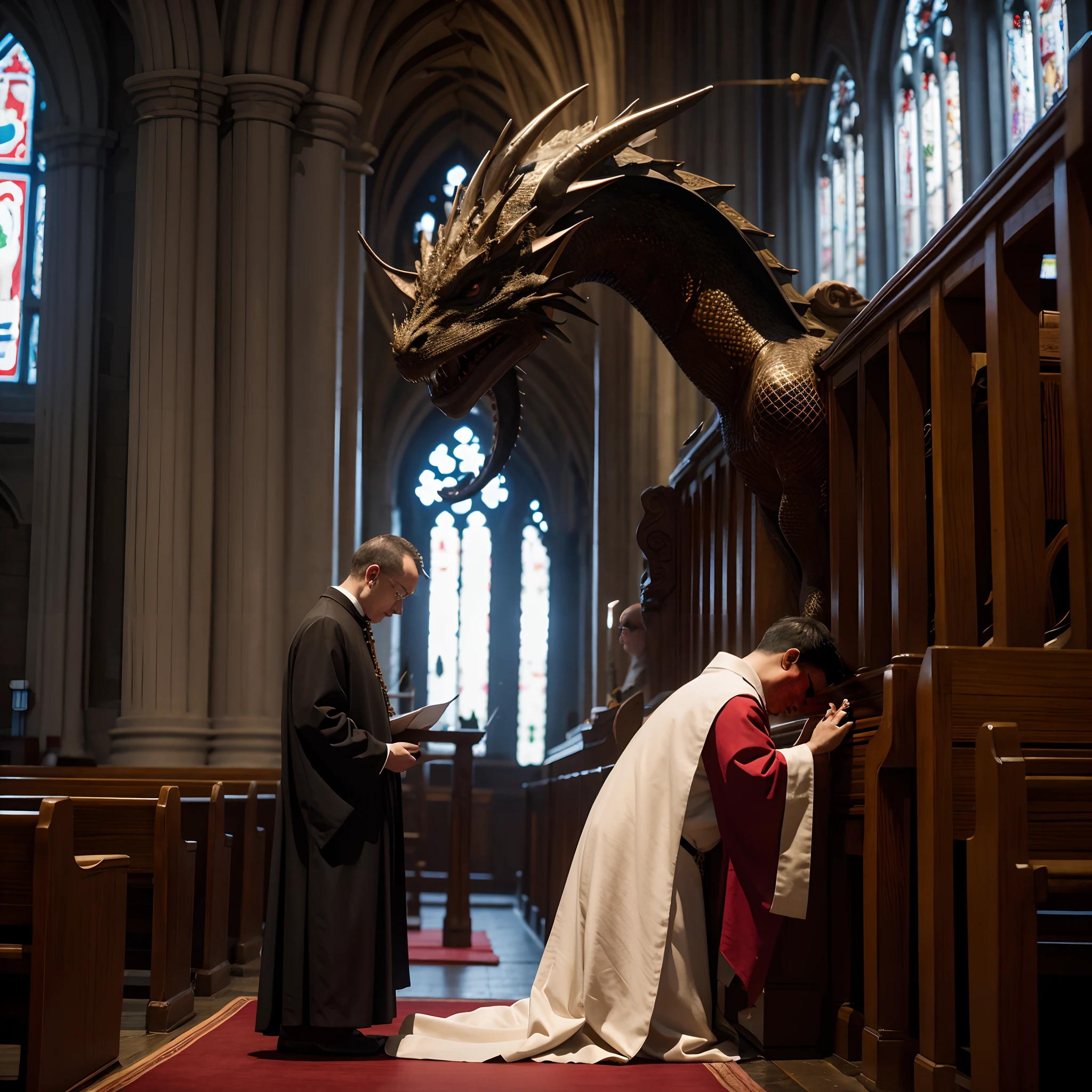 A dragon and a priest pray in the church