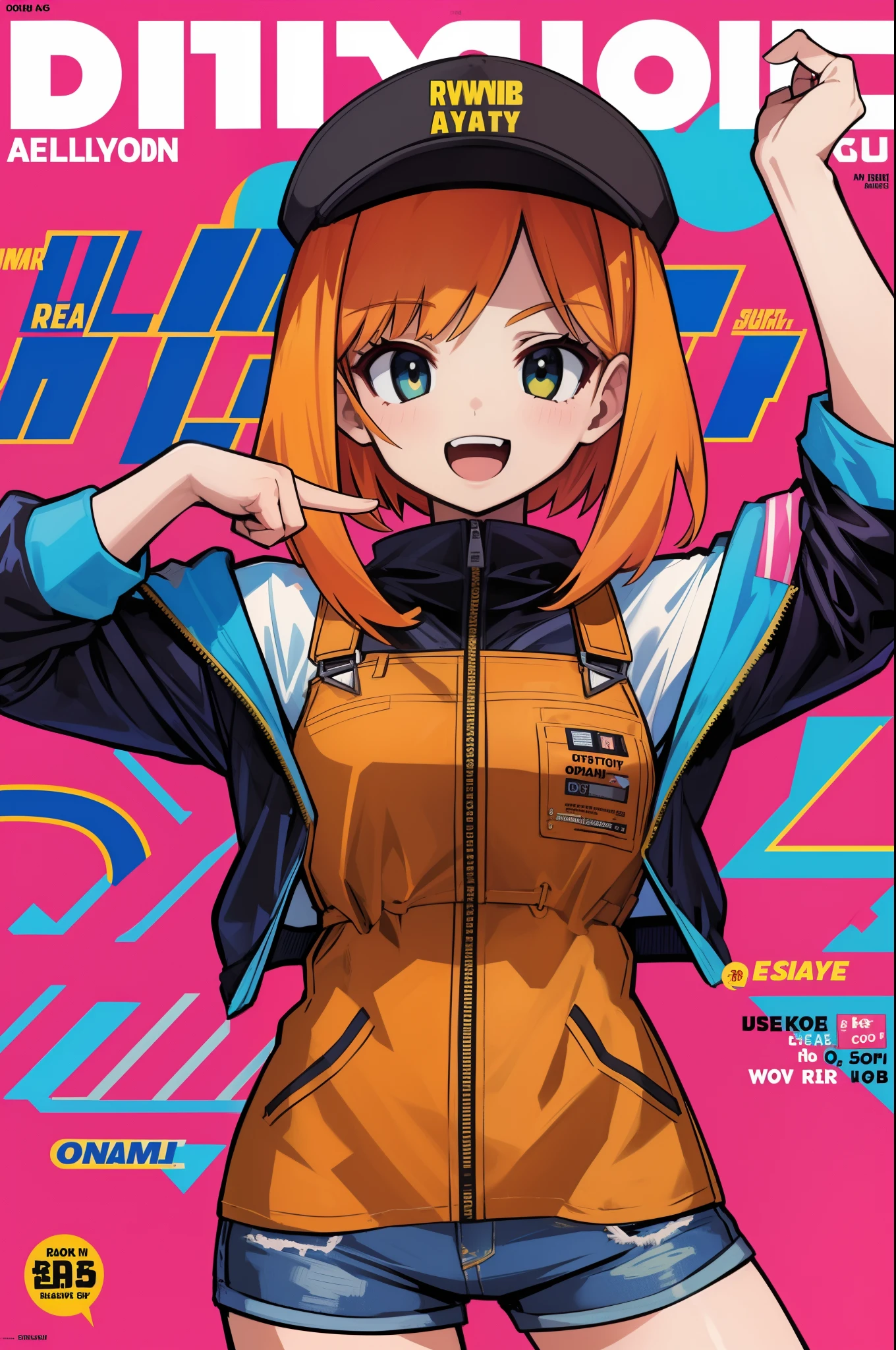 1girl, sfw, cap, shorts, jacket, (Magazine cover-style illustration of a fashionable woman in vibrant outfit posing in front of a colorful and dynamic background. She has a confident expression and is striking a pose. The text on the cover should be bold and attention-grabbing, with the title of the magazine and a catchy headline. The overall style should be modern and trendy, with a focus on fashion and lifestyle), wallpaper, crowds, fashion, contrapposto, female focus, model, cool