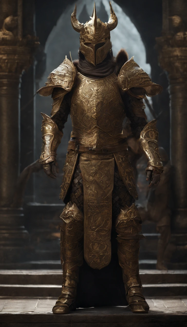 warrior, concept-art, author:Kishiganku, Fantasy art, battleground background, clean render, a horned, Wear a suit of armor, Detailed bushido form smoke, helmet of a forgotten deity, character is standing, 8k Realistic, in game render, detailed face background detail, Art station front page, taur, Pseudo-medieval fantasy, A deity wearing koi armor, detailed bronze armor, Bronze armor, golden etched armor, gold obsidian armor, Light gold armor, Gorgeous filigree armor, A demonic warrior, Gorgeous armor full of thorns, Intricate assasin armor, Intricate metal armor, powerful warrior, Dressed in gorgeous gold armor,Decorated with intricate patterns, The helmet has a large crown and two horns,Glowing red eyes, Everything is in the dark, The smoky background hints at battle scenes, Add an ominous aura to his character,submission, Full body shot.fully body photo