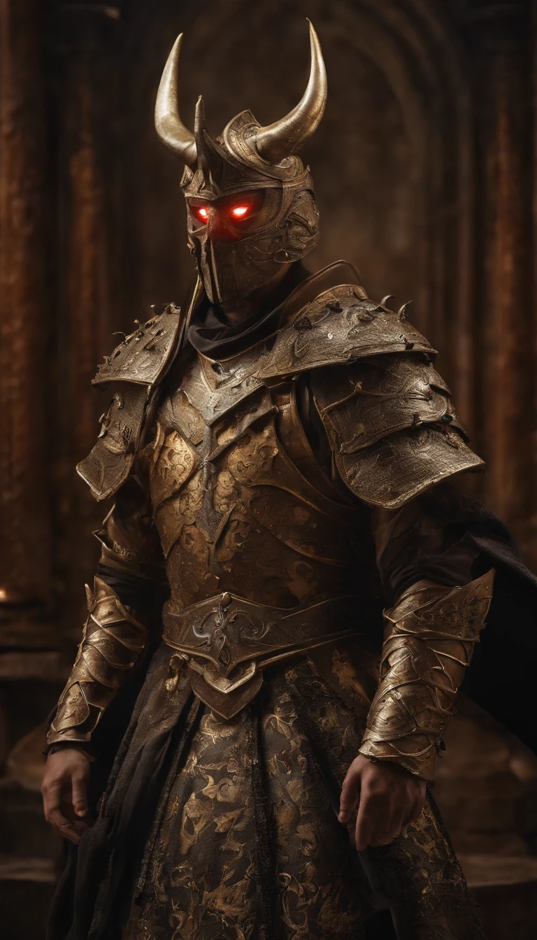 warrior, concept-art, author:Kishiganku, Fantasy art, battleground background, clean render, a horned, Wear a suit of armor, Detailed bushido form smoke, helmet of a forgotten deity, character is standing, 8k Realistic, in game render, detailed face background detail, Art station front page, taur, Pseudo-medieval fantasy, A deity wearing koi armor, detailed bronze armor, Bronze armor, golden etched armor, gold obsidian armor, Light gold armor, Gorgeous filigree armor, A demonic warrior, Gorgeous armor full of thorns, Intricate assasin armor, Intricate metal armor, powerful warrior, Dressed in gorgeous gold armor,Decorated with intricate patterns, The helmet has a large crown and two horns,Glowing red eyes, Everything is in the dark, The smoky background hints at battle scenes, Add an ominous aura to his character,submission, Full body shot.fully body photo