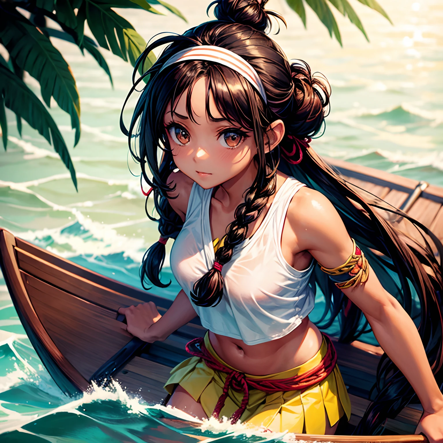 1 girl, young, messy dark hair, hairbun, hairband, tribal clothing, tan skin, sailing, holding oar, Indonesian canoe, more_details:1.5