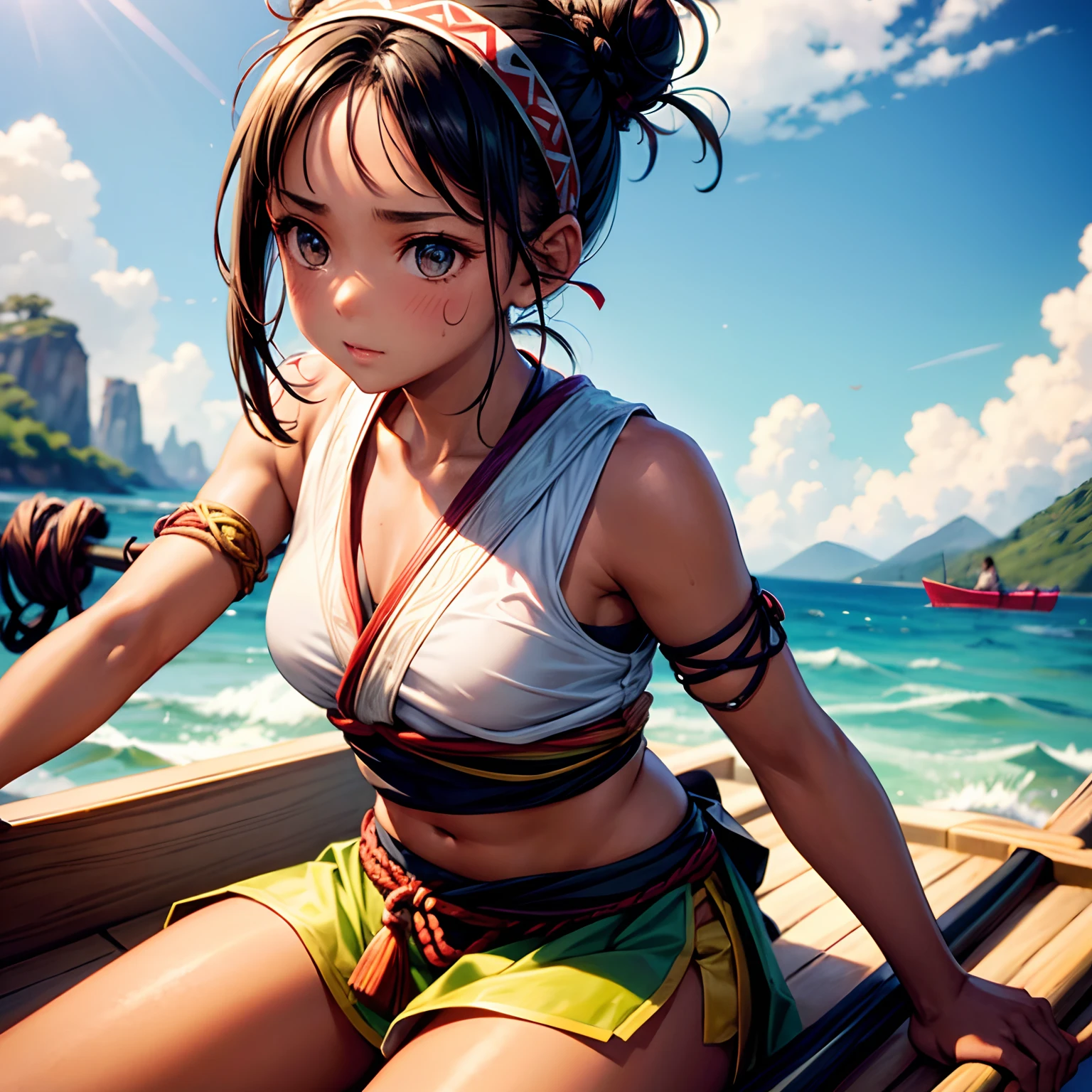1 girl, young, messy dark hair, hairbun, hairband, tribal clothing, tan skin, sailing, holding oar, Indonesian canoe, more_details:1.5