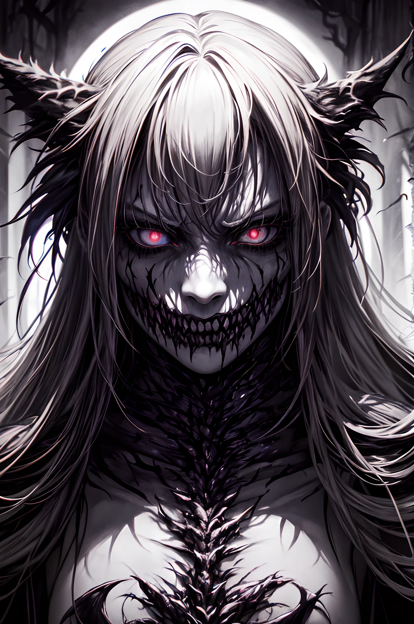 monster like,a terrifying creature with sharp teeth and claws,creepy glowing eyes,dark and eerie atmosphere,monstrous and ferocious facial expression,strong and muscular build,dripping saliva,isolated in a moonlit forest,ominous shadows lurking,scary and bone-chilling,nightmare-inducing,horrifying visuals,hyper-realistic and detailed textures,demonic features,cinematic and high contrast lighting,psychologically disturbing,monstrous creatures in mythology and folklore,dark and twisted fantasy art,Gothic horror aesthetic, halloween, girl, female