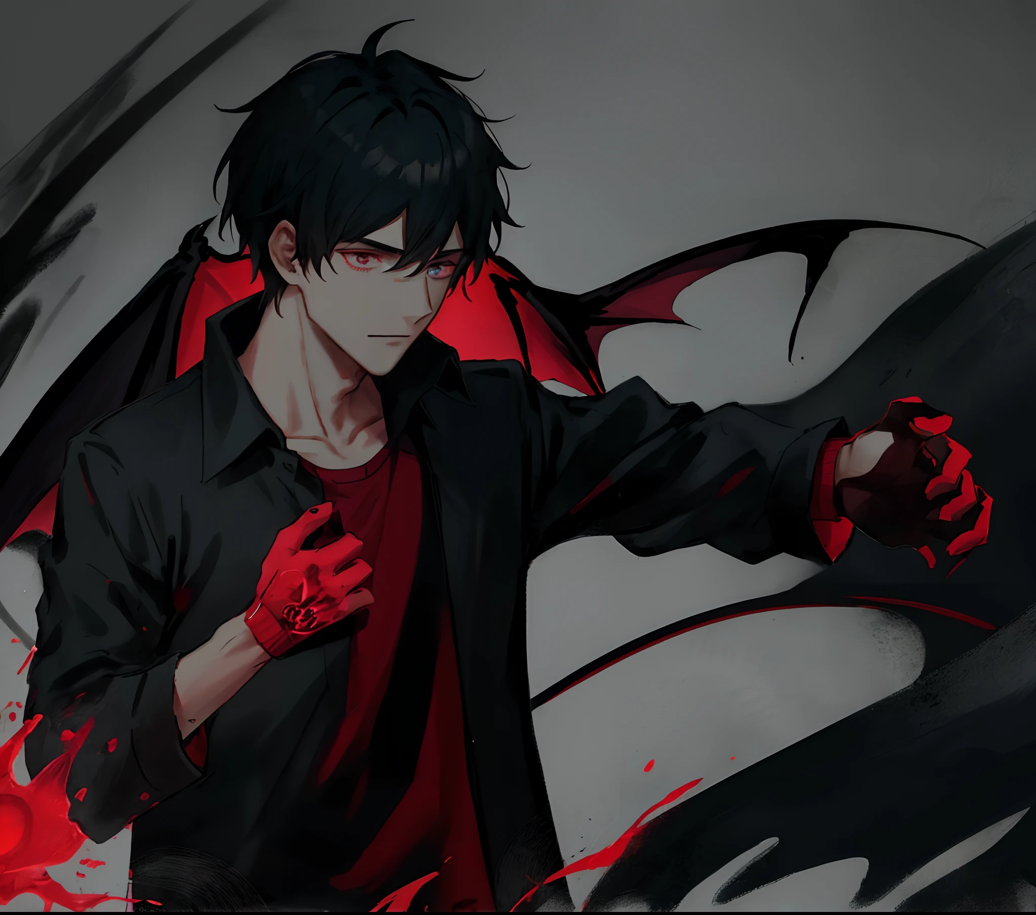 Short black hair, male, black shirt, M.Tip: Red eyes, black trousers, cold face.