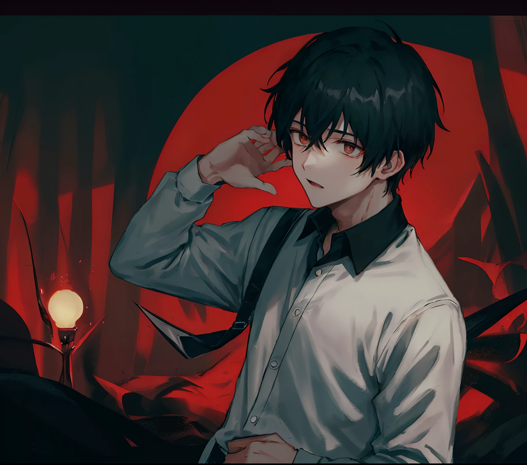 (((Masterpiece, Best quality, ultrahigh resolution))), 1 boy, standing, school uniform, white office shirt, pleated black shirt, ((light black hair:0.7)), long haircut, fair skin, ((red eyes)), bright eyes, neon eyes, (((ultra detailed eyes, handsome detailed face, detailed eyes))), ((centered)), serious, ((wide shot)), facing viewer, eye level, (((midnight background with full moon, huge detailed moon behind subject))), slender male body, looking at viewer, ((half-closed eyes)), ((perfect hands)), (((head, arms, hips, elbows, in view))), ((hands behind back)), blank eyes, beautiful lighting, outdoor, shooting star:0.7, background, defined subject, 2, ((wide shot) open scenery background))